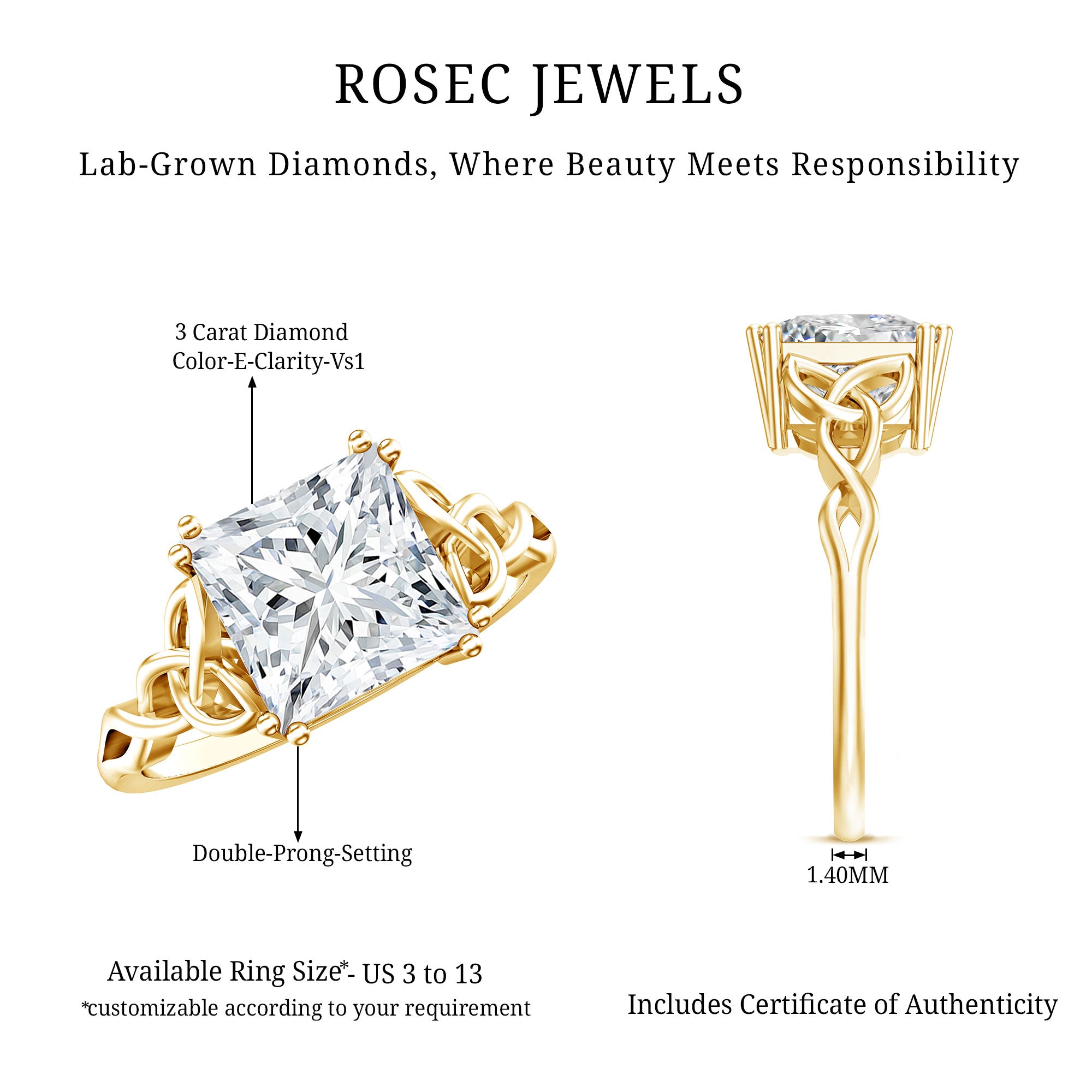 IGI Certified 3 Carat Lab Grown Diamond Princess Cut Engagement Ring with Celtic Knot Lab - ( E-VS1 ) - Rosec Jewels