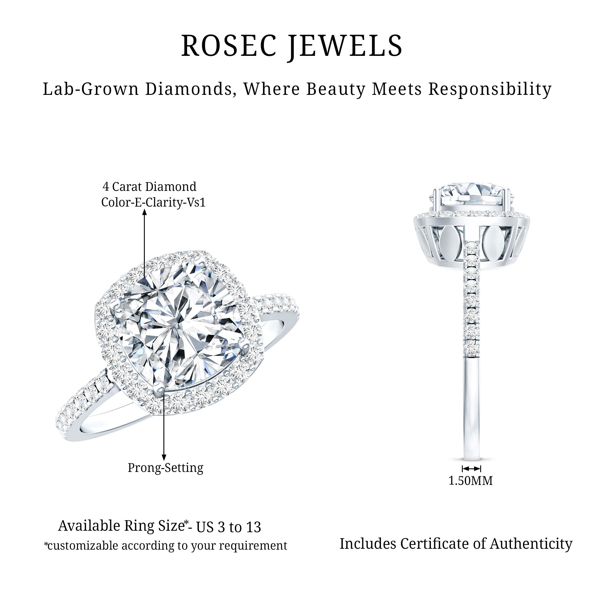 IGI Certified 4 Carat Cushion Cut Lab Created Diamond Halo Engagement Ring Lab - ( E-VS1 ) - Rosec Jewels