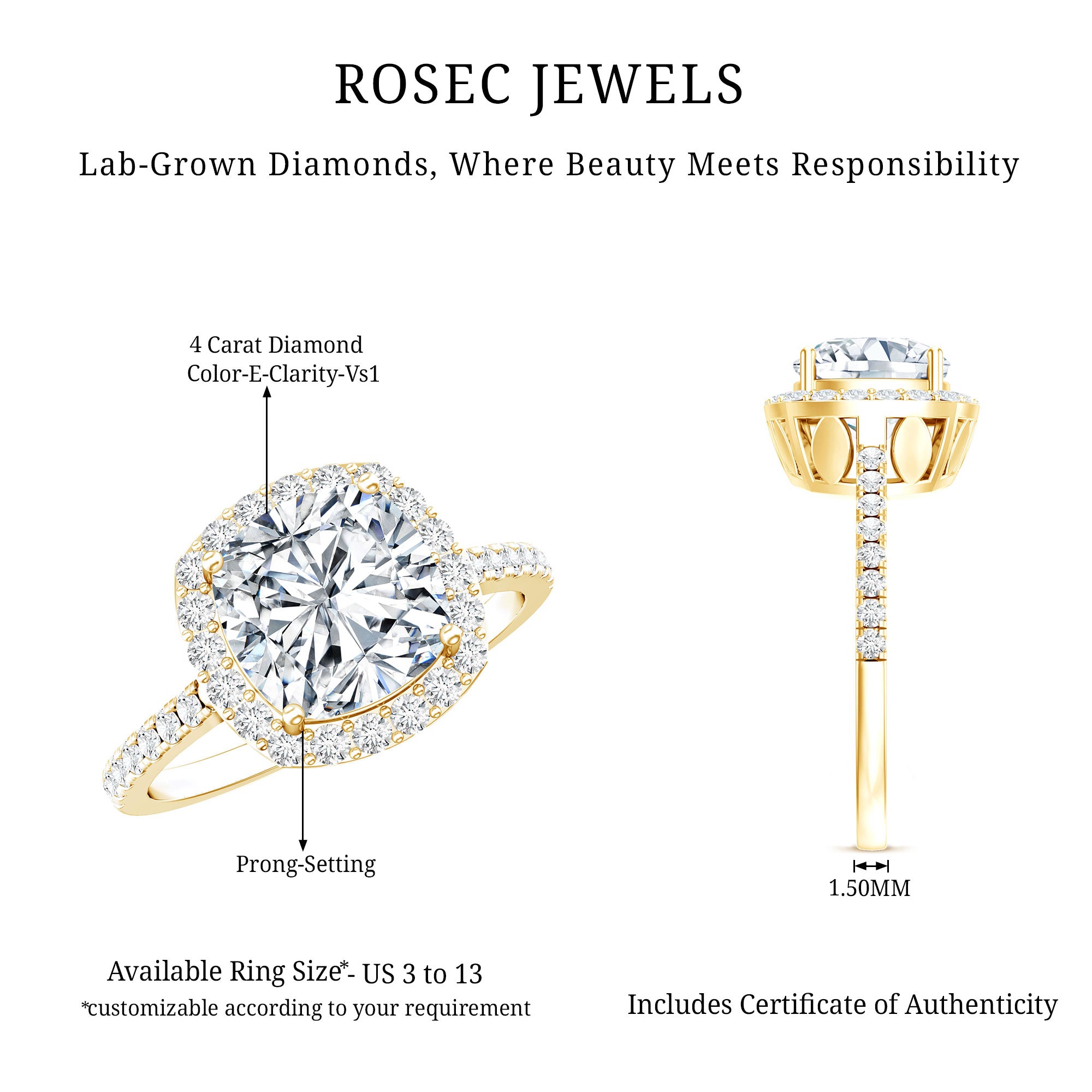 IGI Certified 4 Carat Cushion Cut Lab Created Diamond Halo Engagement Ring Lab - ( E-VS1 ) - Rosec Jewels
