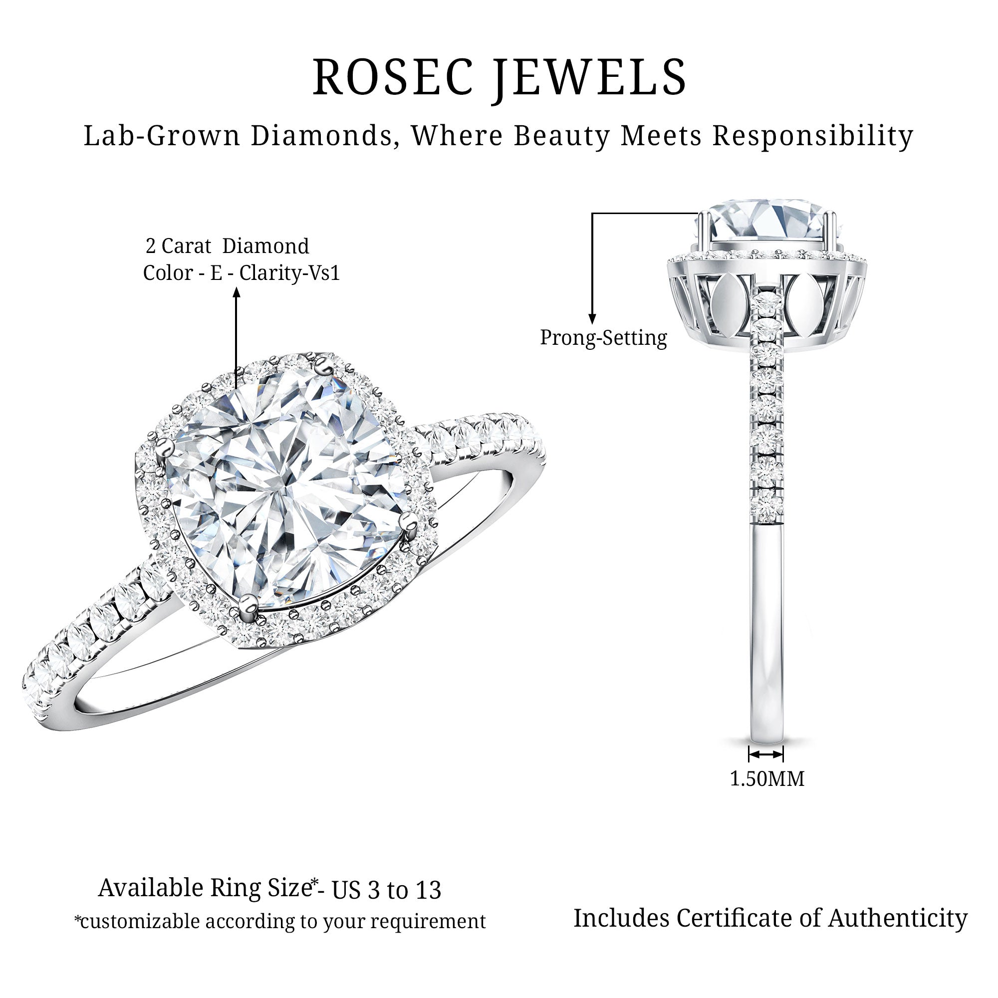 IGI Certified 2 Carat Cushion Cut Lab Grown Diamond Halo Engagement Ring Lab - ( E-VS1 ) - Rosec Jewels