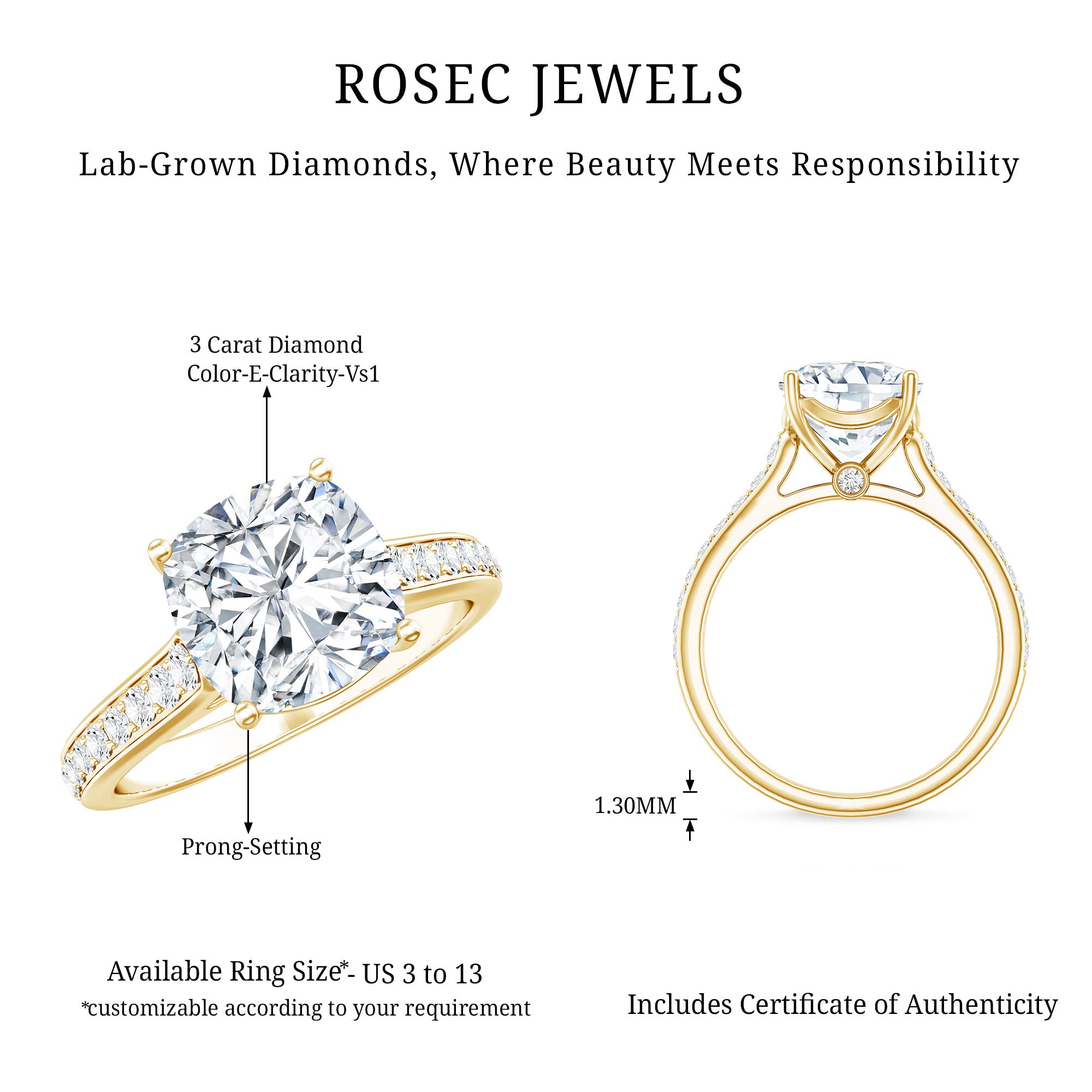 IGI Certified Cushion Cut 3 Carat Lab Grown Diamond Cathedral Engagement Ring Lab - ( E-VS1 ) - Rosec Jewels