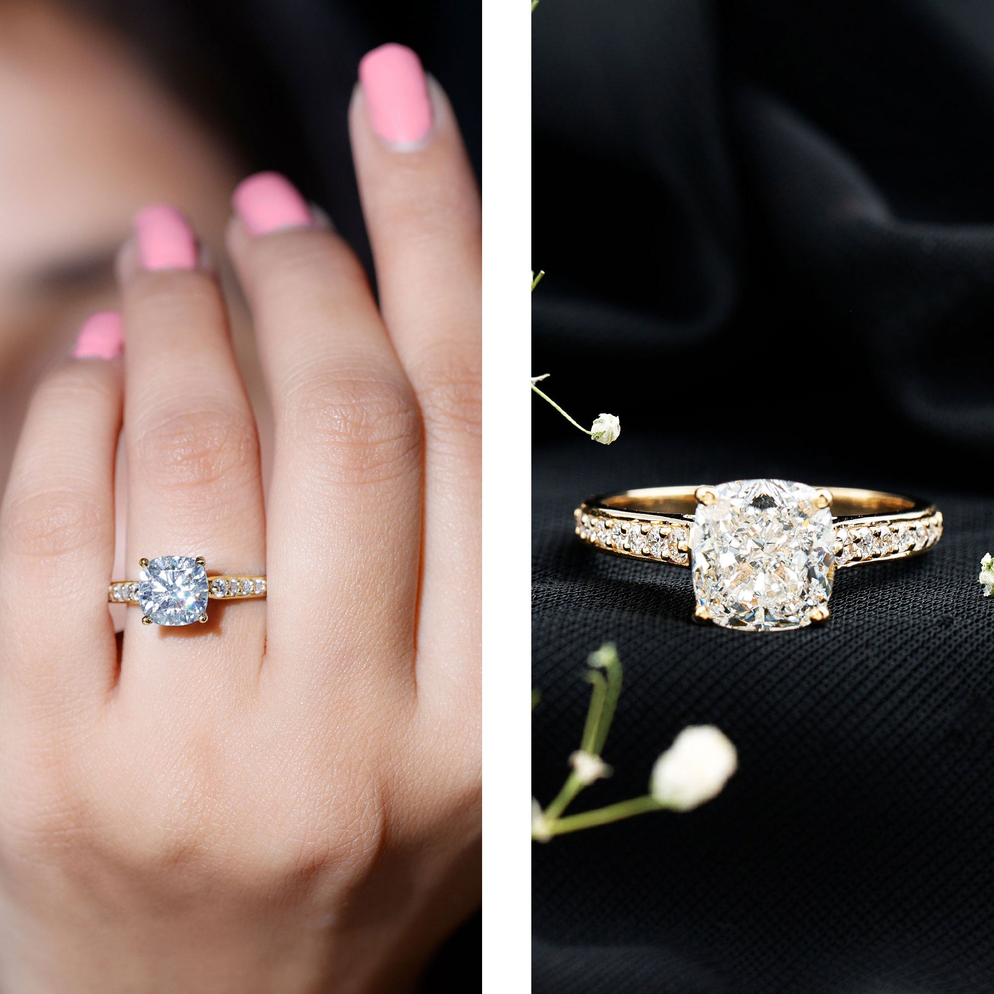 IGI Certified Cushion Cut 3 Carat Lab Grown Diamond Cathedral Engagement Ring Lab - ( E-VS1 ) - Rosec Jewels