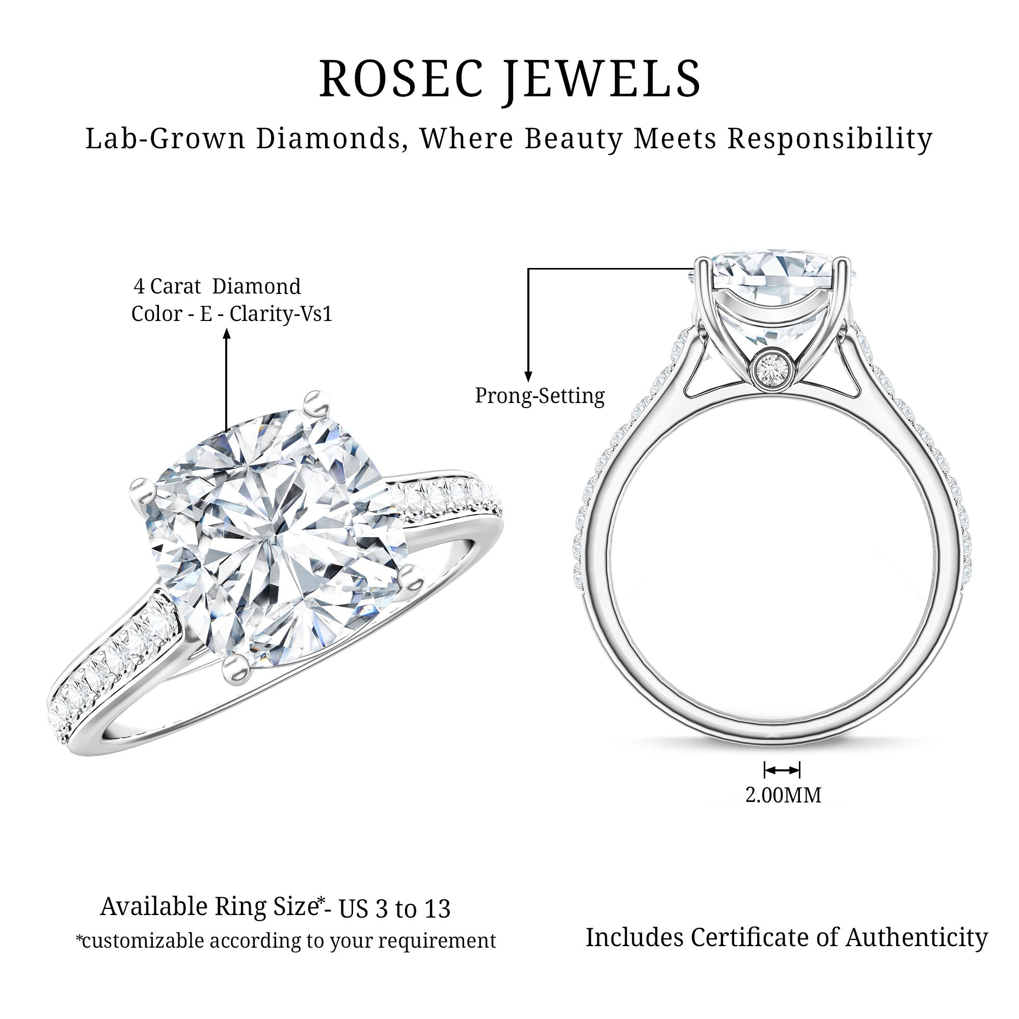 4 Carat Engagement Ring with IGI Certified Cushion Cut Lab Grown Diamond Lab - ( E-VS1 ) - Rosec Jewels
