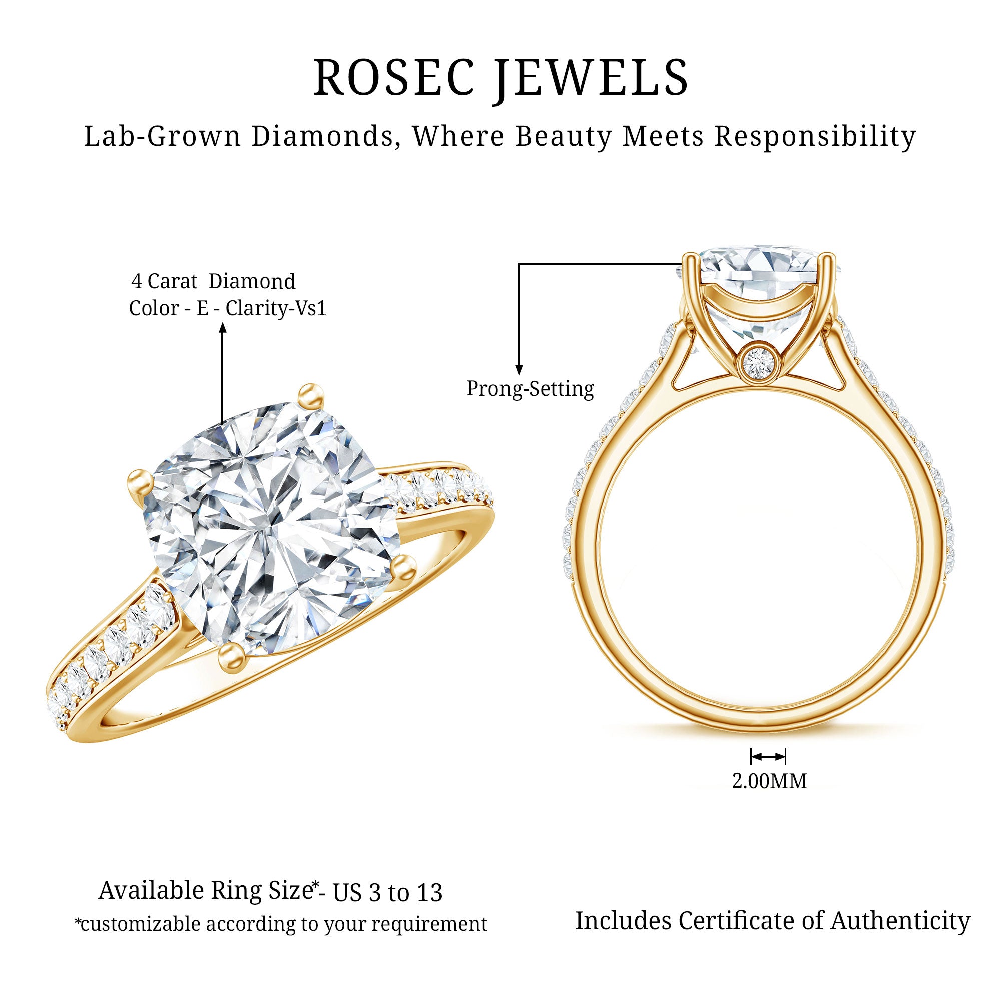 4 Carat Engagement Ring with IGI Certified Cushion Cut Lab Grown Diamond Lab - ( E-VS1 ) - Rosec Jewels