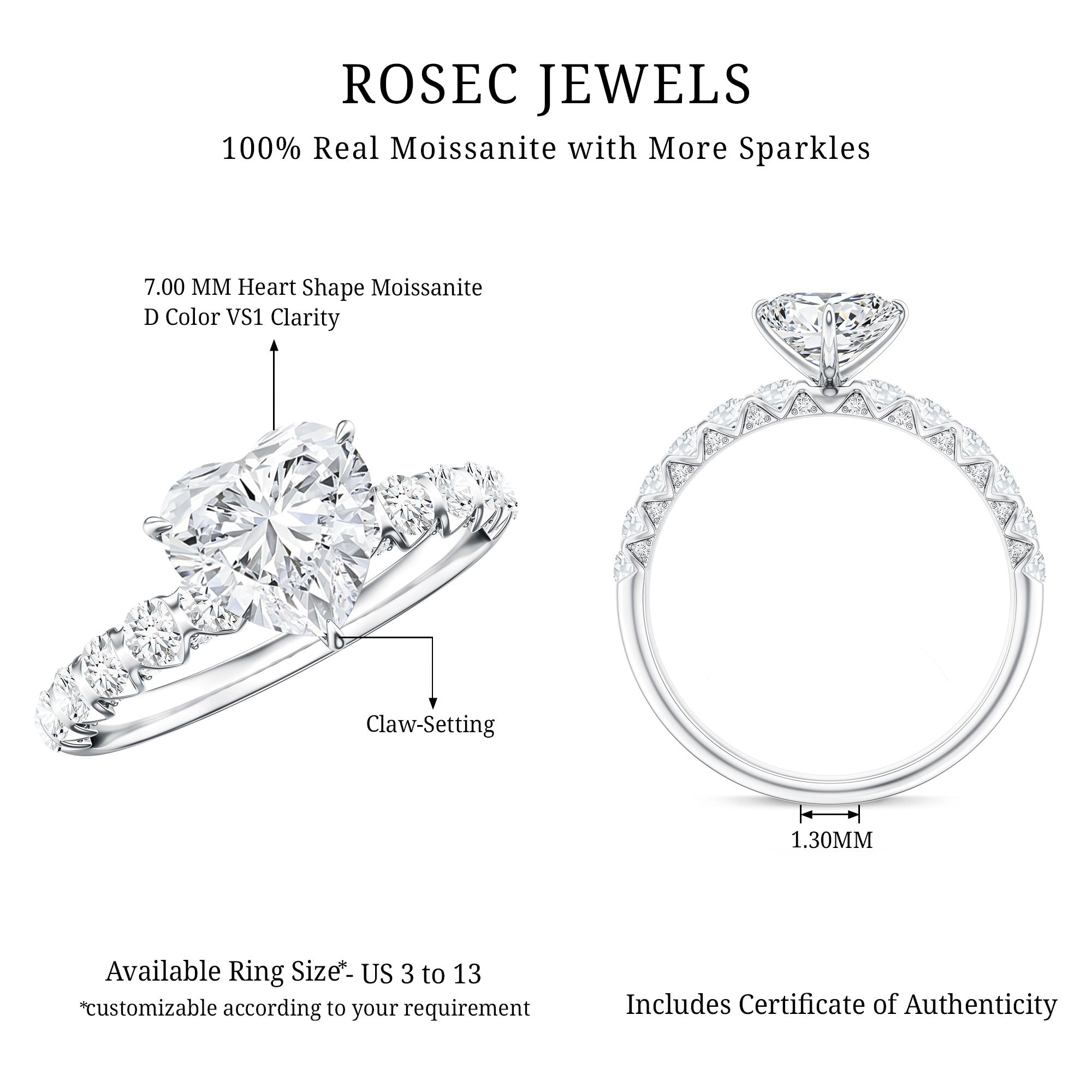 Rosec Jewels-1 Carat IGI Certified Lab Grown Diamond Heart Engagement Ring with Side Stones