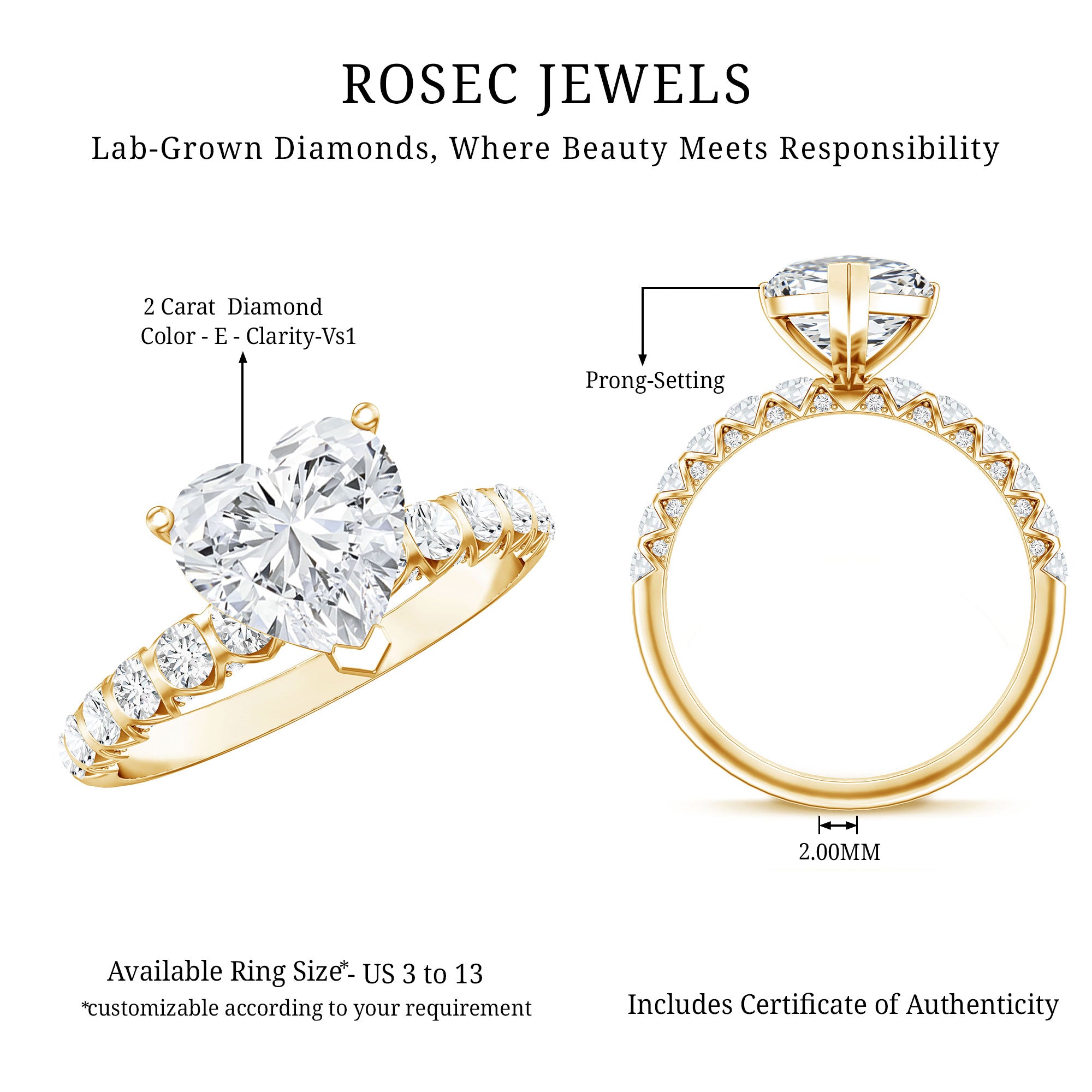 2 Carat Heart Shaped Lab Grown Diamond Engagement Ring with IGI Certificate Lab - ( E-VS1 ) - Rosec Jewels