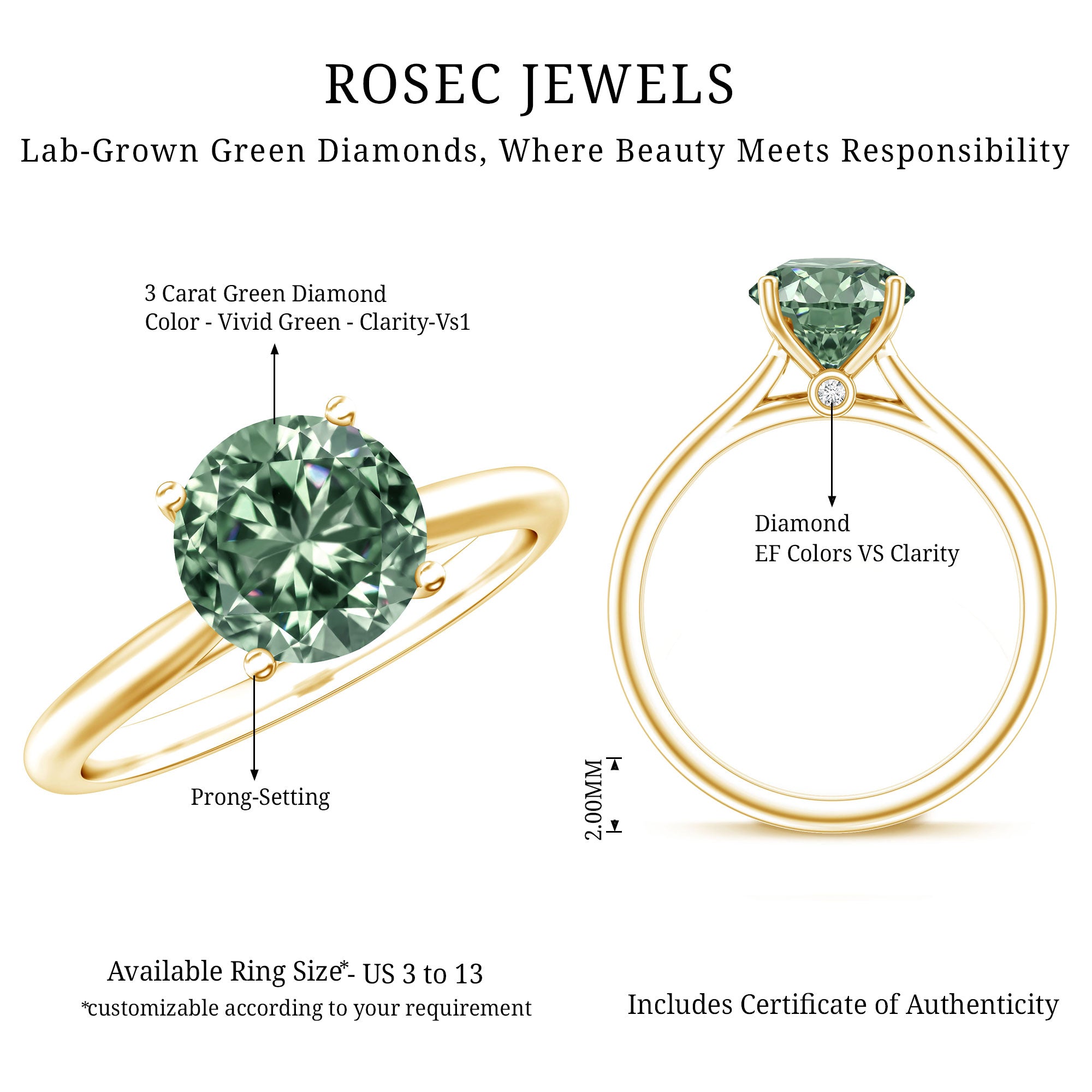 3 Carat Lab Grown Green Diamond Engagement Ring with IGI Certificate Vivid Green - VS1 - Rosec Jewels