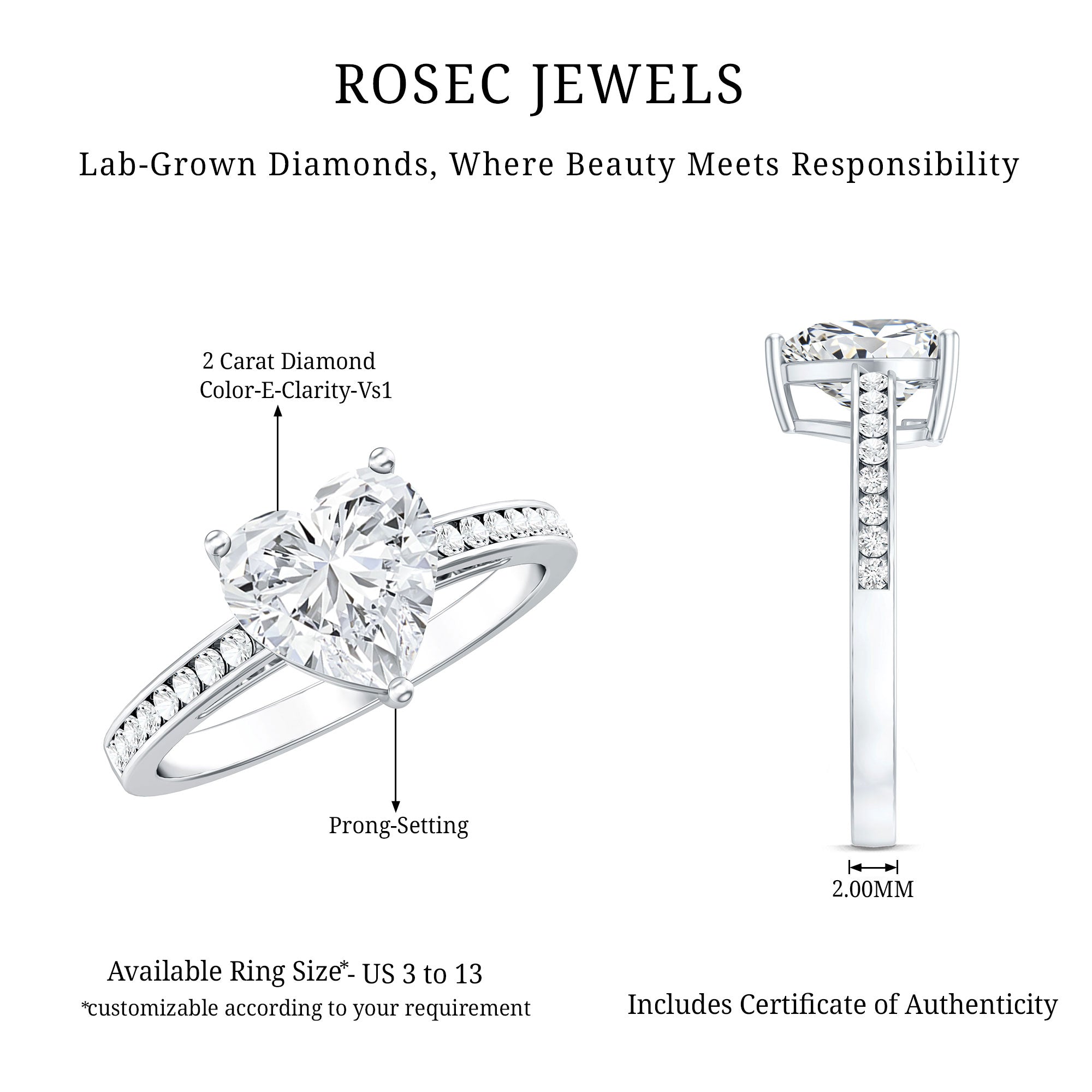 IGI Certified 2 Carat Lab Grown Diamond Heart Engagement Ring for Women Lab - ( E-VS1 ) - Rosec Jewels