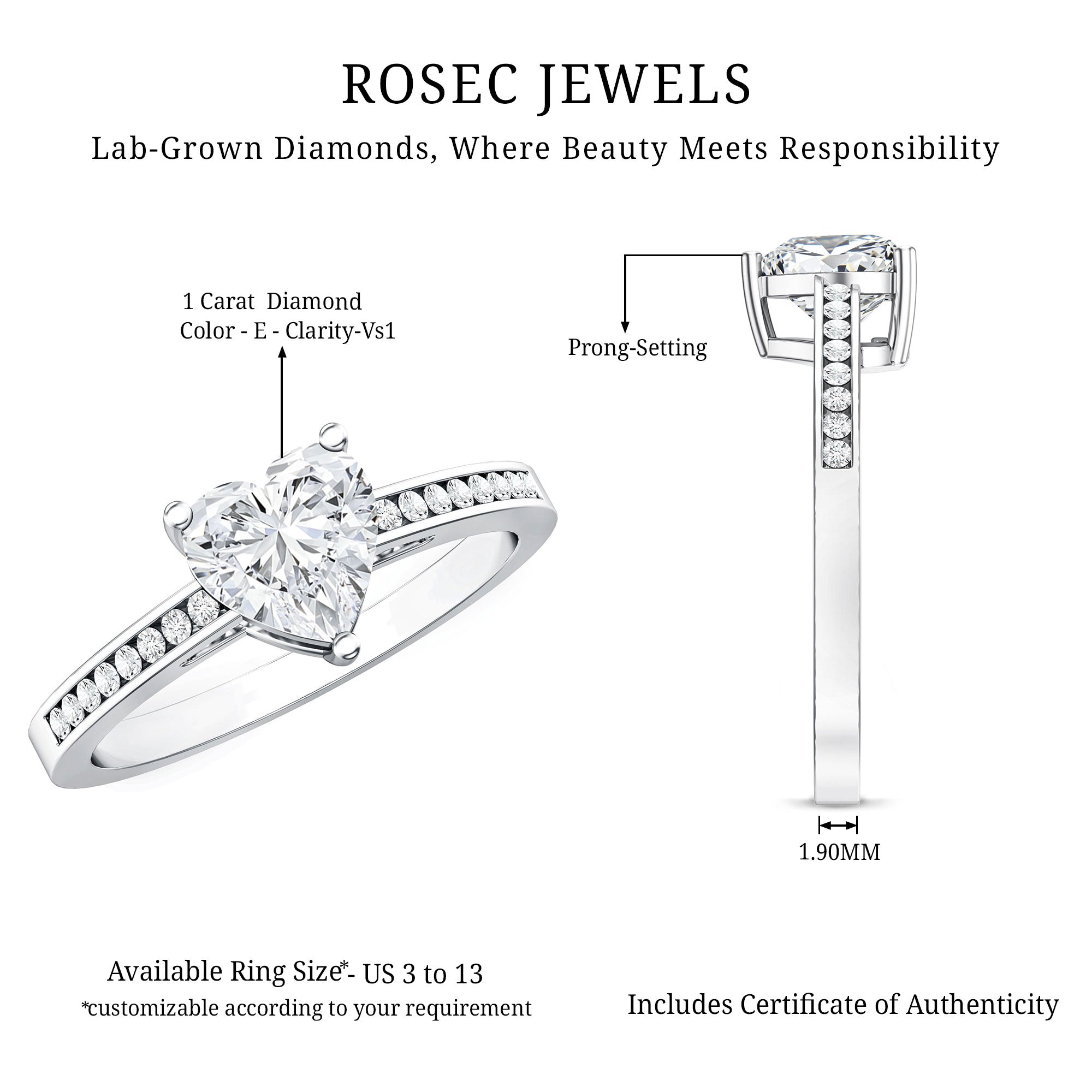 IGI Certified 1 Carat Heart Shaped Lab Grown Diamond Engagement Ring with Side Stones Lab - ( E-VS1 ) - Rosec Jewels