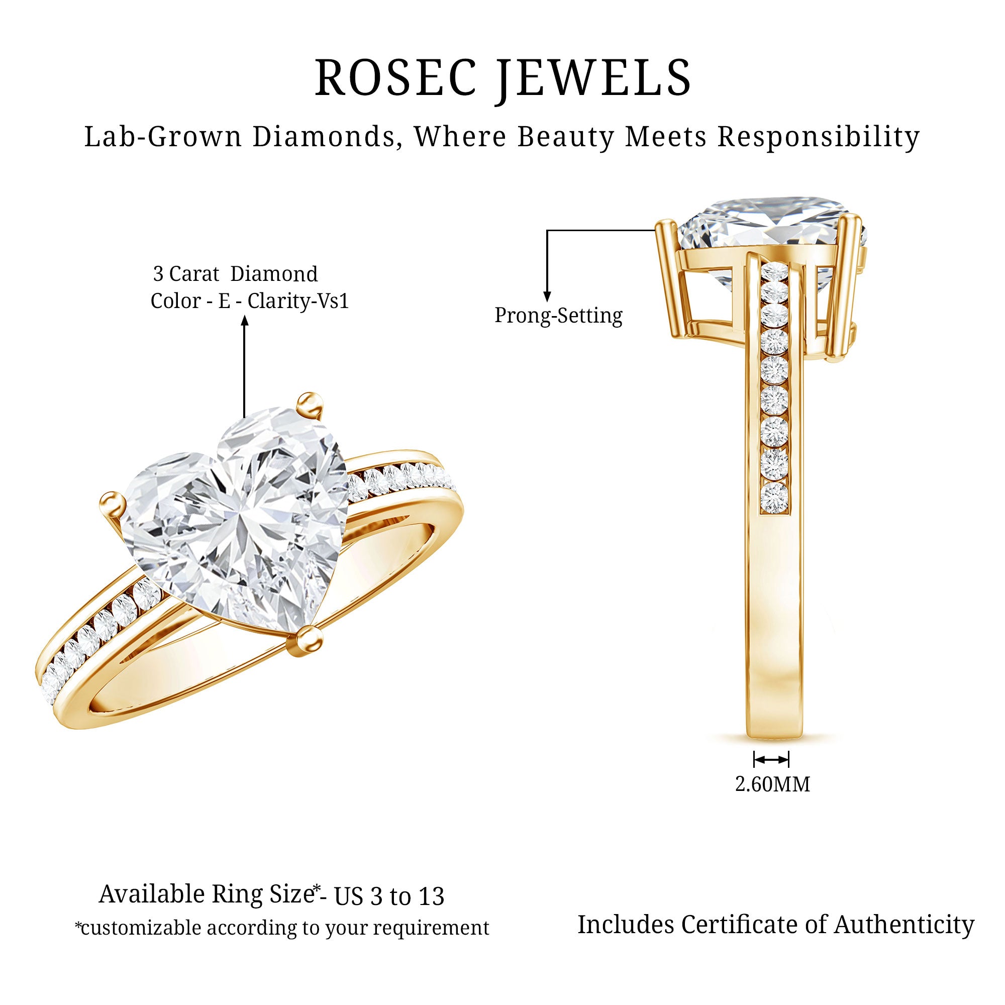 IGI Certified 3 Carat Lab Grown Diamond Heart Engagement Ring Lab - ( E-VS1 ) - Rosec Jewels