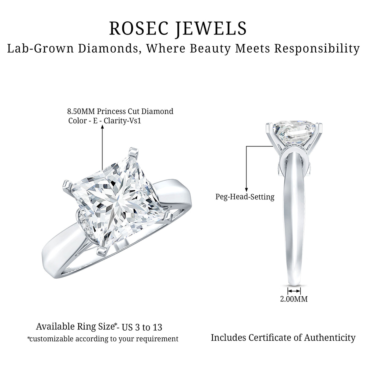 Lab Grown 4 Carat Diamond Princess Cut Engagement Ring with IGI Certificate Lab - ( E-VS1 ) - Rosec Jewels