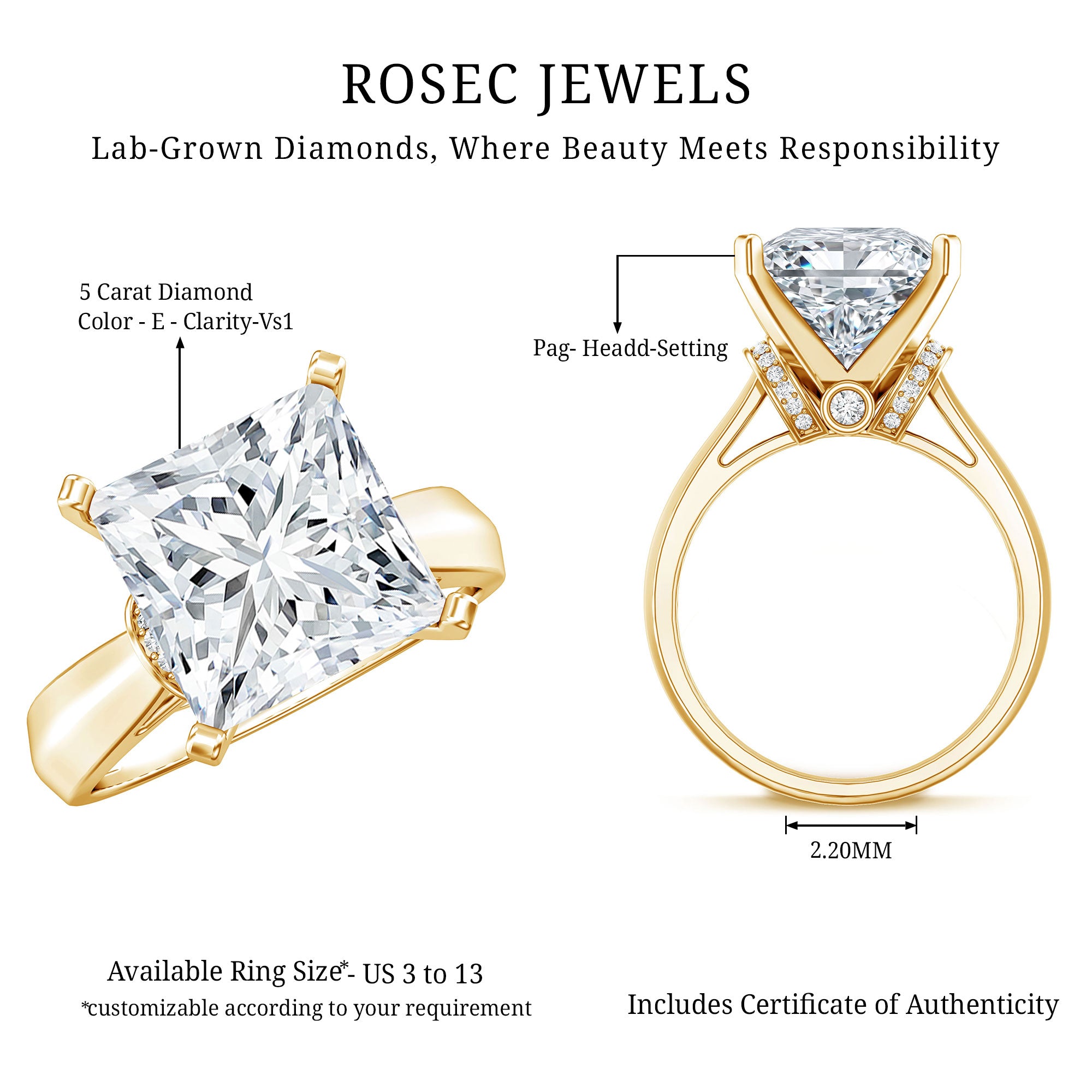Huge 5 Carat Princess Cut Engagement Ring with IGI Certified Solitaire Lab Grown Diamond Lab - ( E-VS1 ) - Rosec Jewels