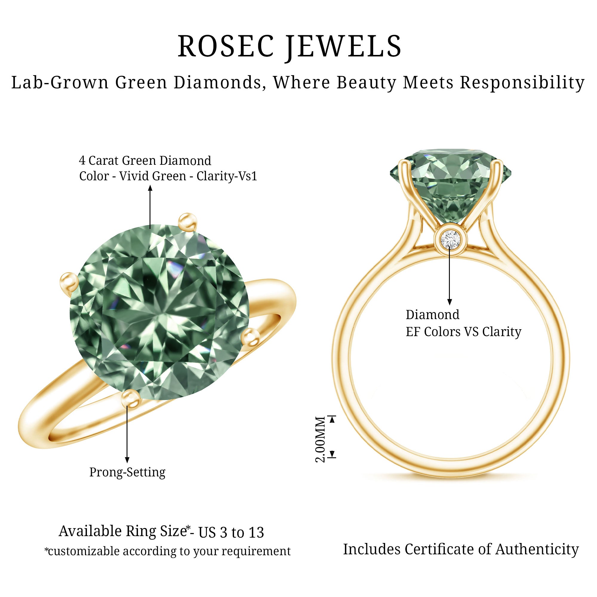 IGI Certified Lab Green Diamond Big Engagement Ring 5 Carat Vivid Green - VS1 - Rosec Jewels