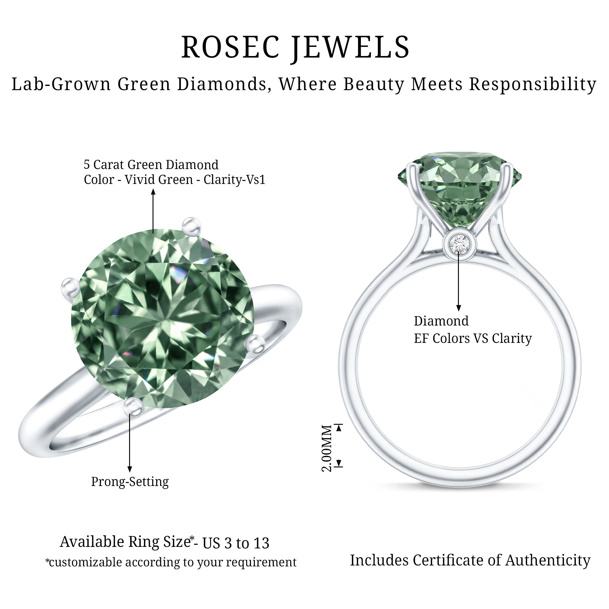IGI Certified Huge Lab Grown Green Diamond Solitaire Engagement Ring 5 Carat Vivid Green - VS1 - Rosec Jewels