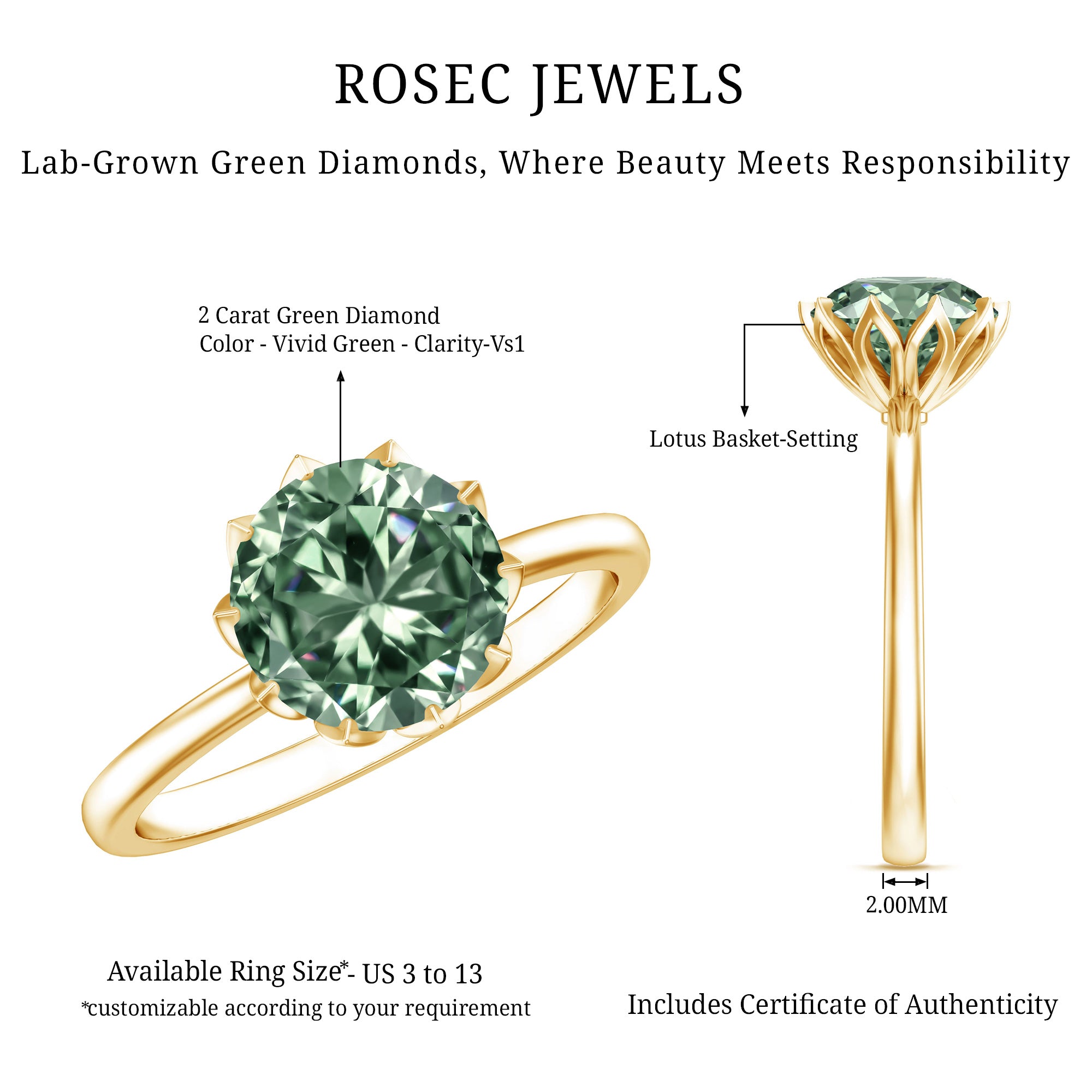 Lotus Basket Set 2 Carat Lab Grown Green Diamond Engagement Ring IGI Certified Vivid Green - VS1 - Rosec Jewels