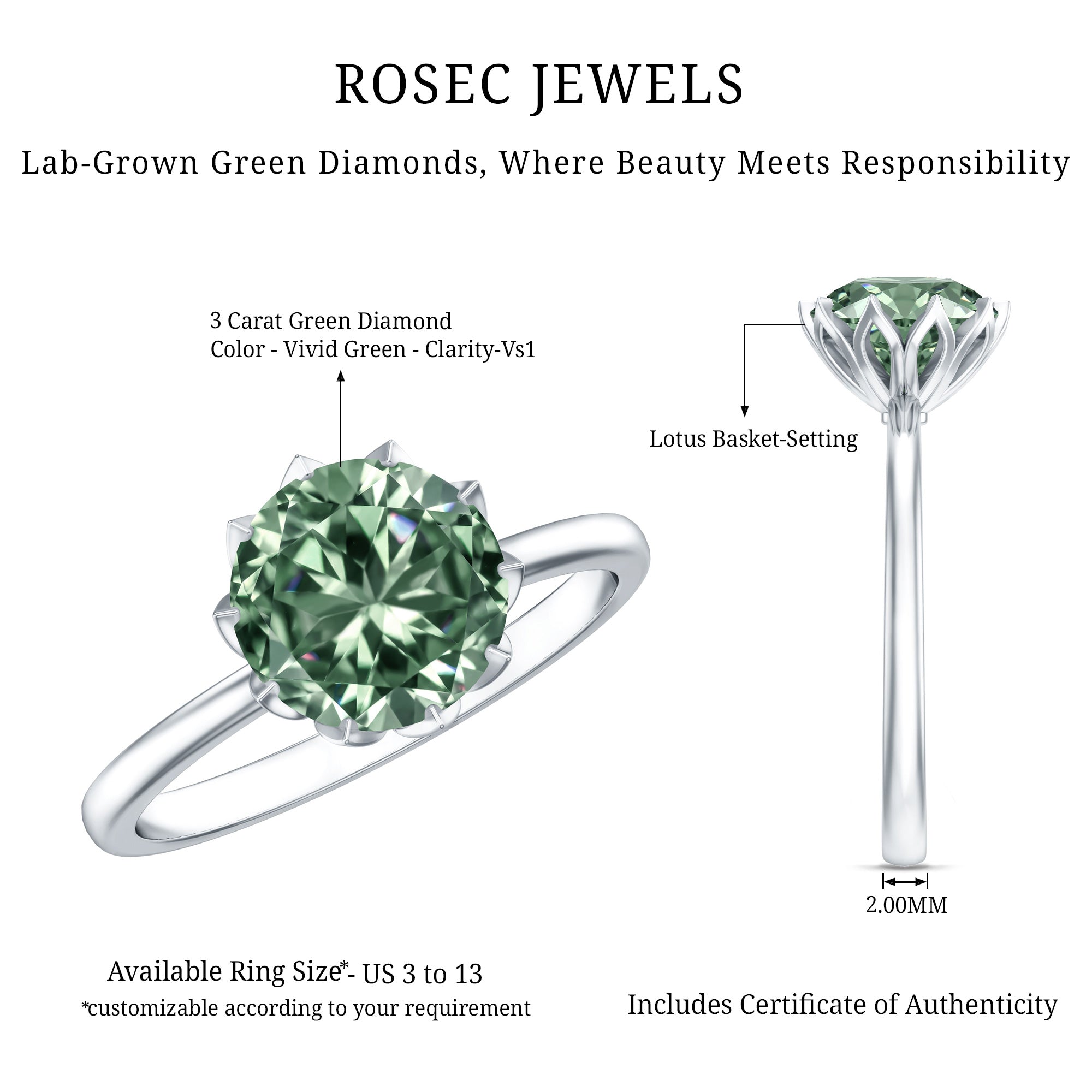 IGI Certified 3 Carat Lab Grown Green Diamond Solitaire Engagement Ring in Lotus Basket Setting Vivid Green - VS1 - Rosec Jewels