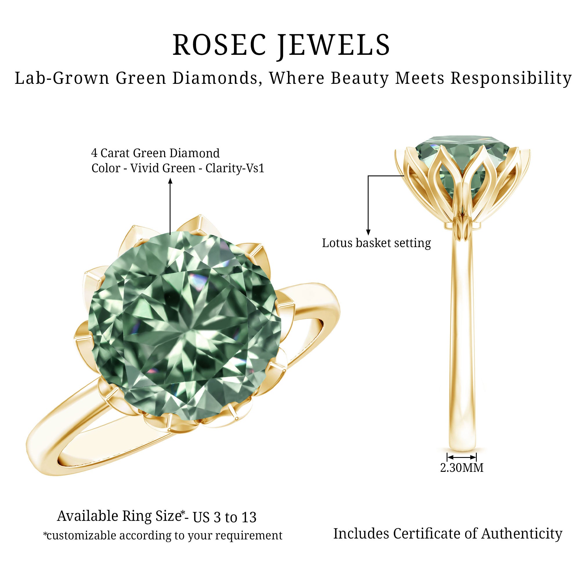 Rosec Jewels-Lotus Basket Set 4 Carat Lab Grown Green Diamond Solitaire Engagement Ring IGI Certified