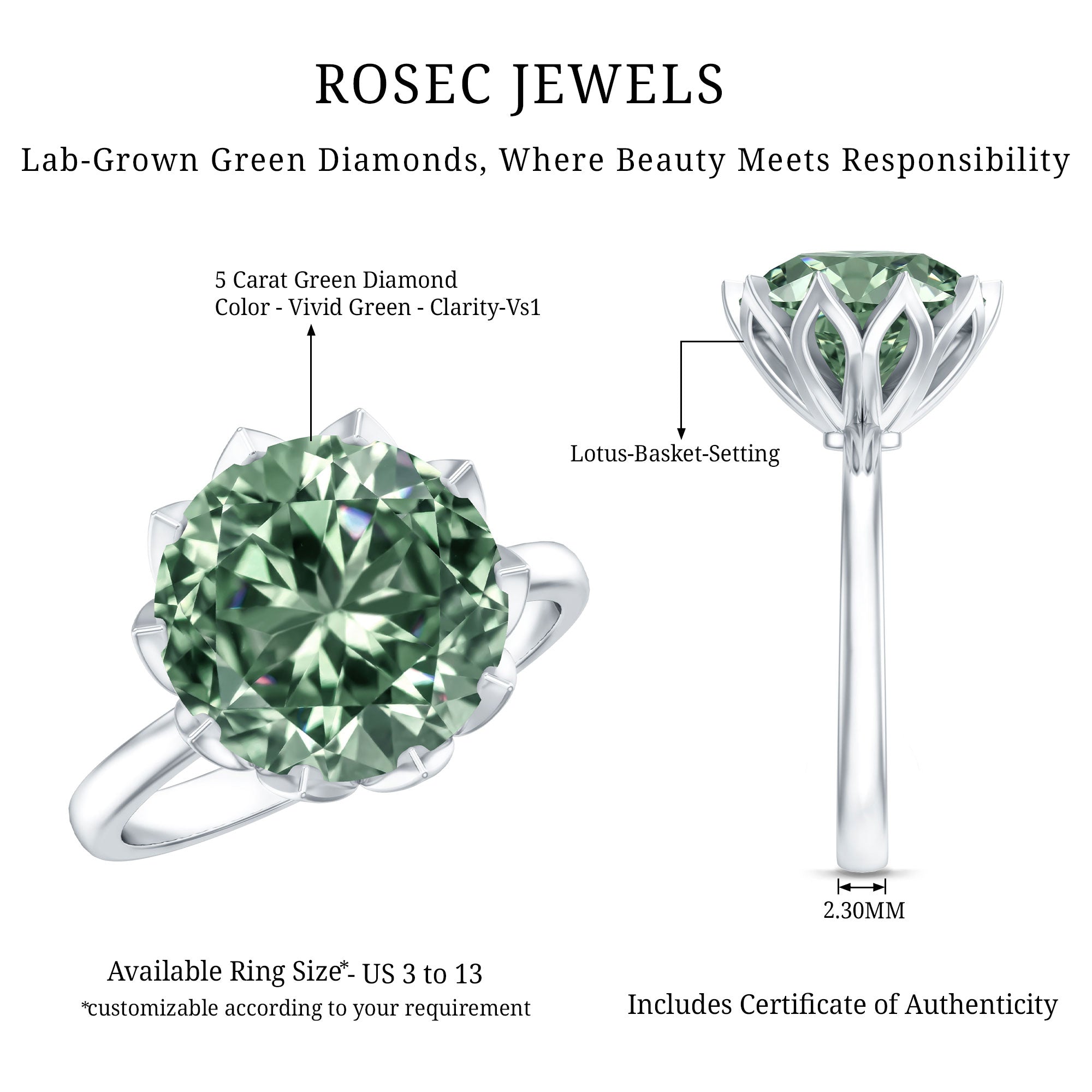 Lotus Basket Set IGI Certified Lab Grown Green Diamond Huge Engagement Ring 5 Carat Vivid Green - VS1 - Rosec Jewels