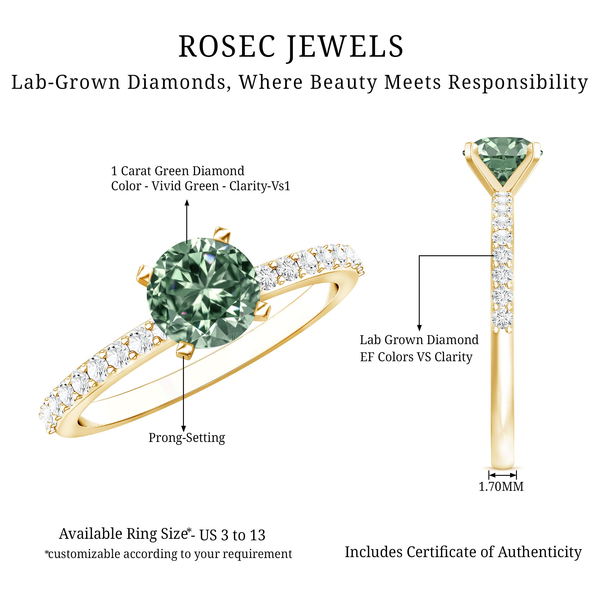 IGI Certified 1 Carat Lab Grown Green and White Diamond Engagement Ring Vivid Green - VS1 - Rosec Jewels