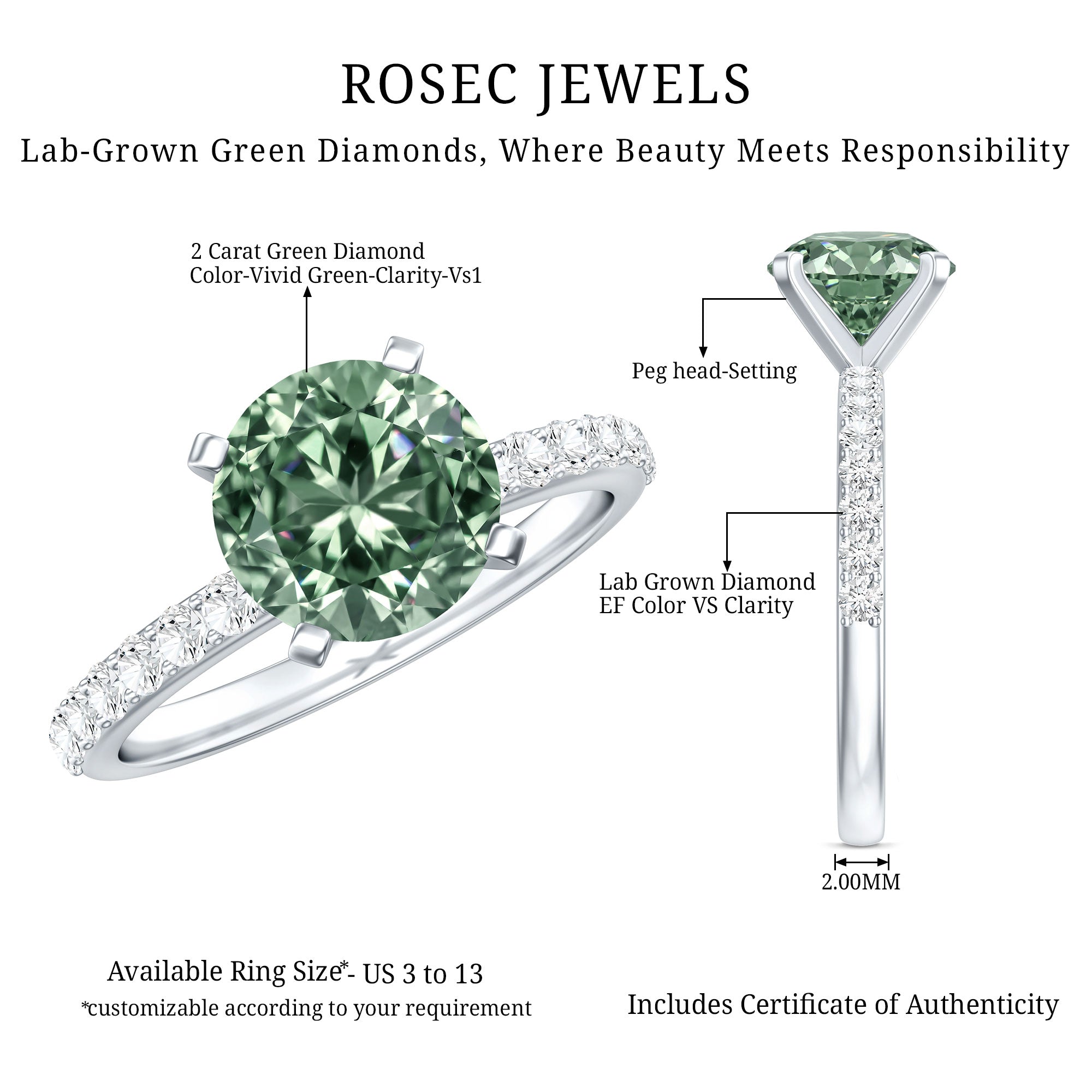 Round 2 Carat Lab Grown Green Diamond Engagement Ring with IGI Certificate Vivid Green - VS1 - Rosec Jewels