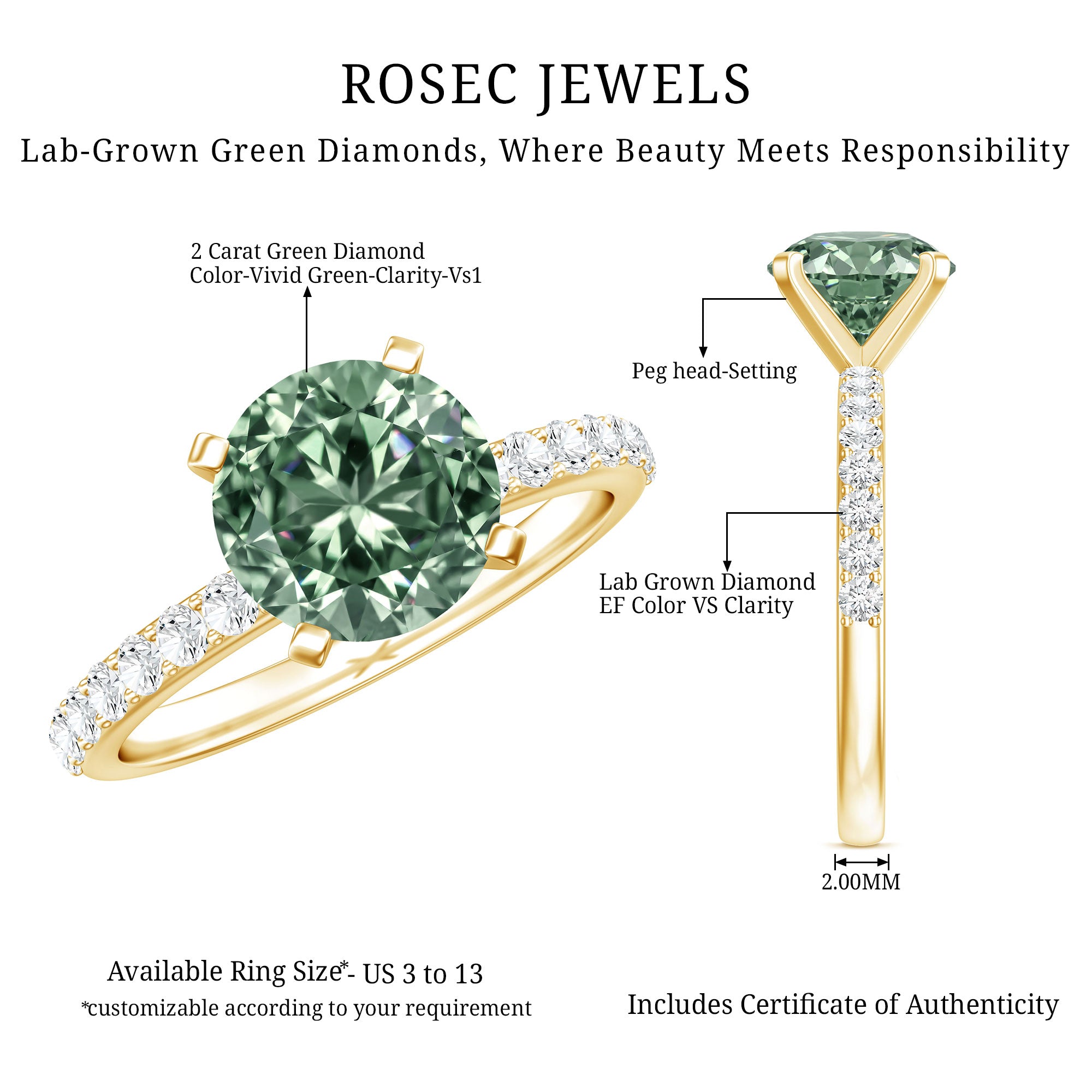 Round 2 Carat Lab Grown Green Diamond Engagement Ring with IGI Certificate Vivid Green - VS1 - Rosec Jewels