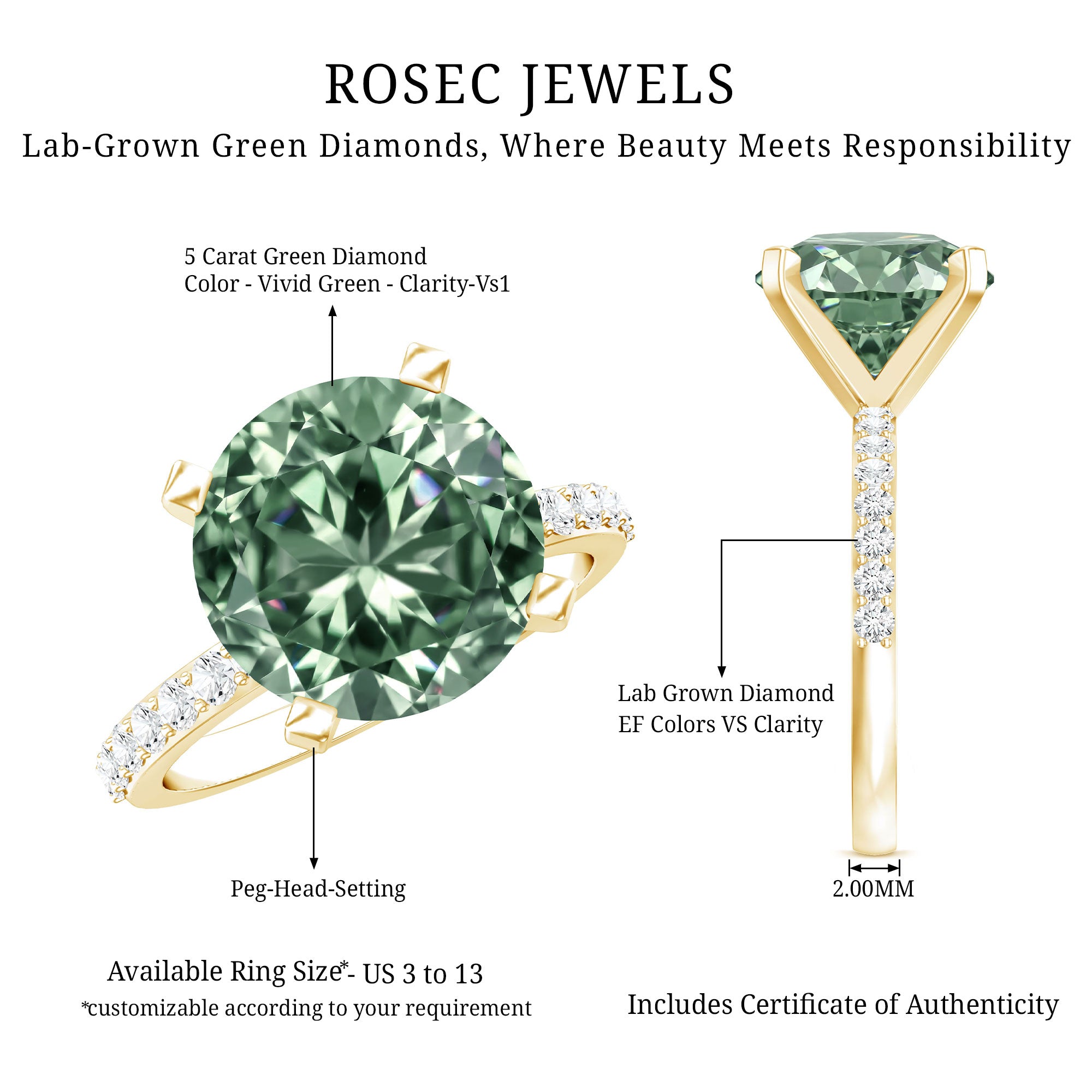 IGI Certified Solitaire 5 Carat Lab Grown Green Diamond Engagement Ring with Side Stones Vivid Green - VS1 - Rosec Jewels