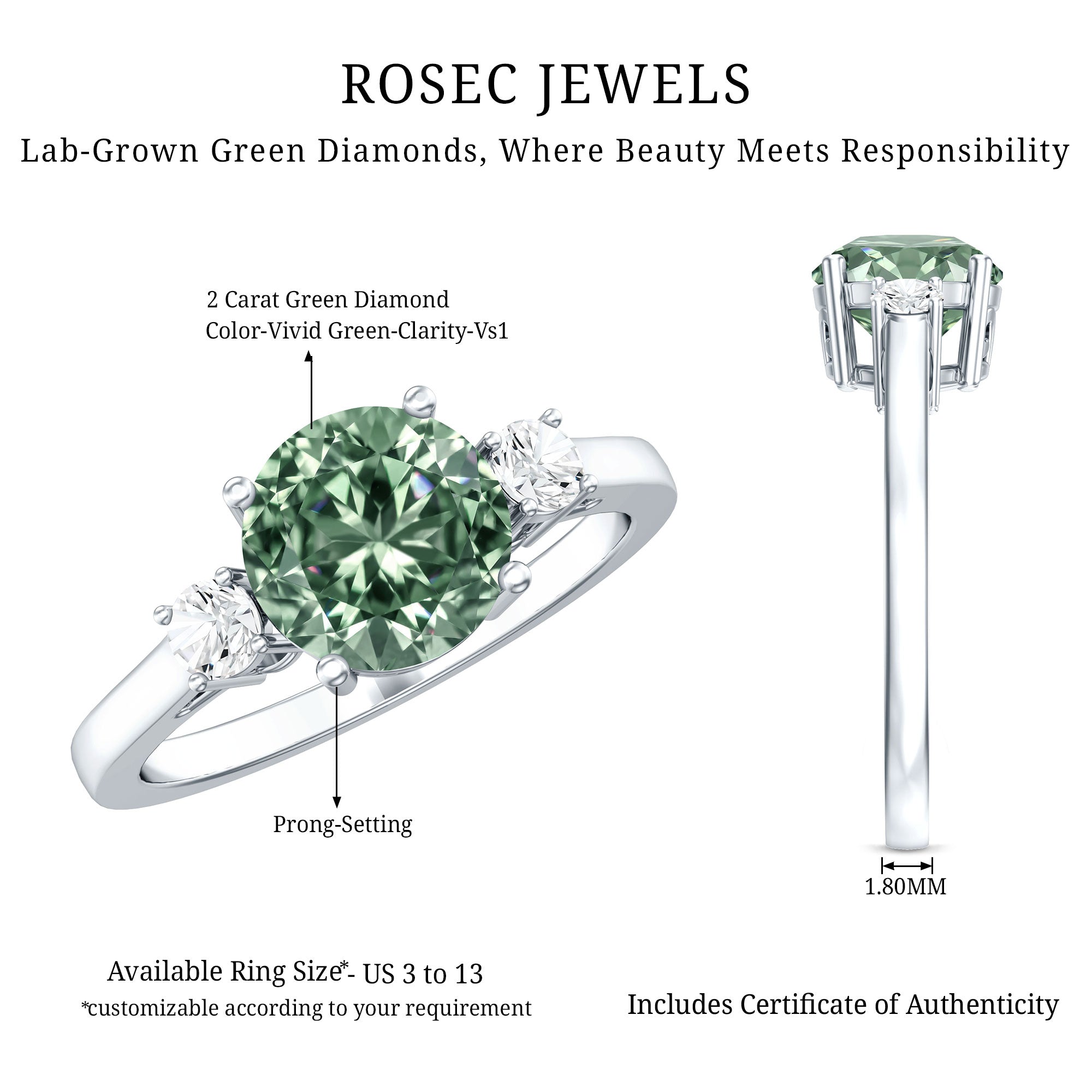 2 Carat Green Diamond Round Engagement Ring with IGI Certificate Vivid Green - VS1 - Rosec Jewels