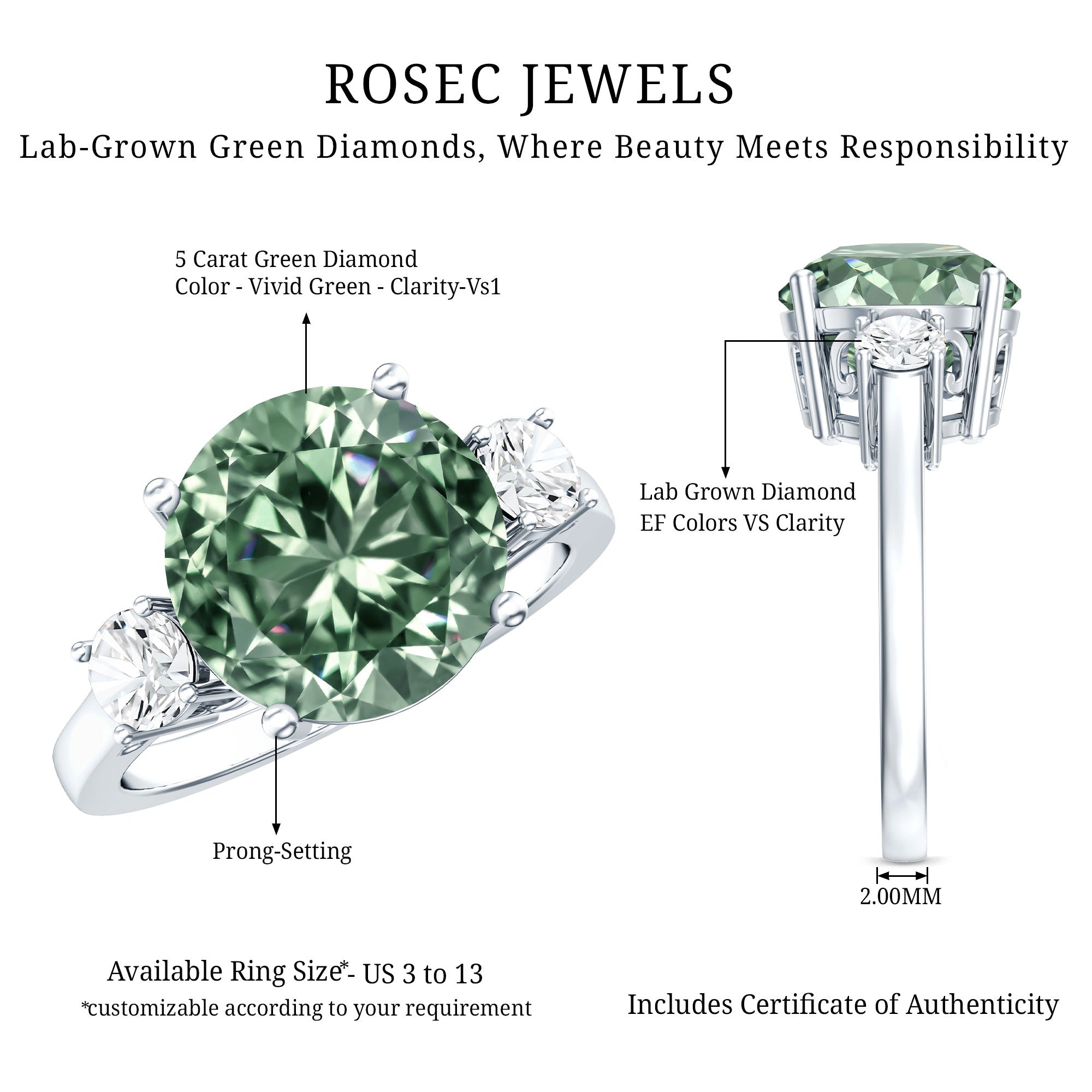 5 Carat Lab Grown Green Diamond Three Stone Engagement Ring with IGI Certificate Vivid Green - VS1 - Rosec Jewels