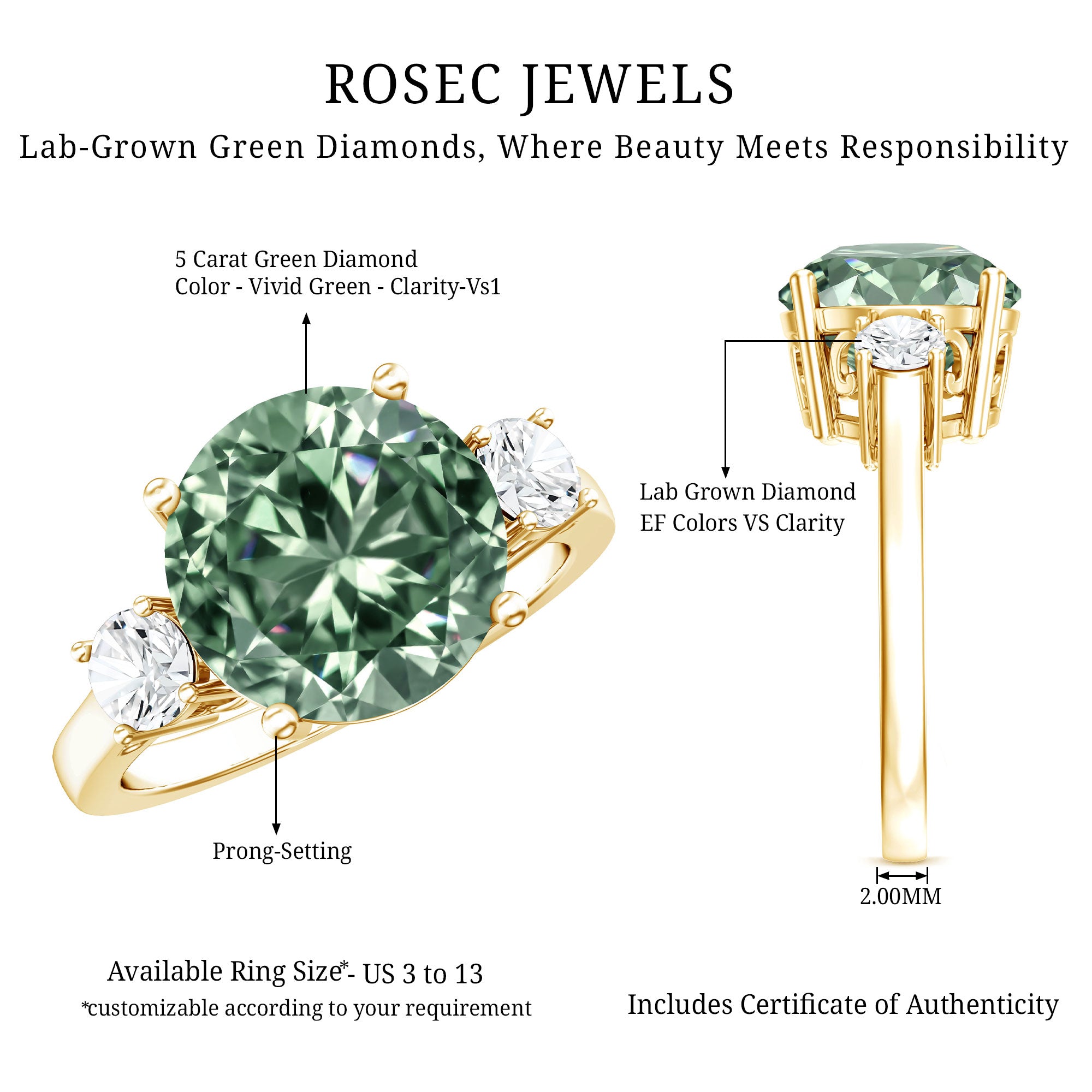 5 Carat Lab Grown Green Diamond Three Stone Engagement Ring with IGI Certificate Vivid Green - VS1 - Rosec Jewels