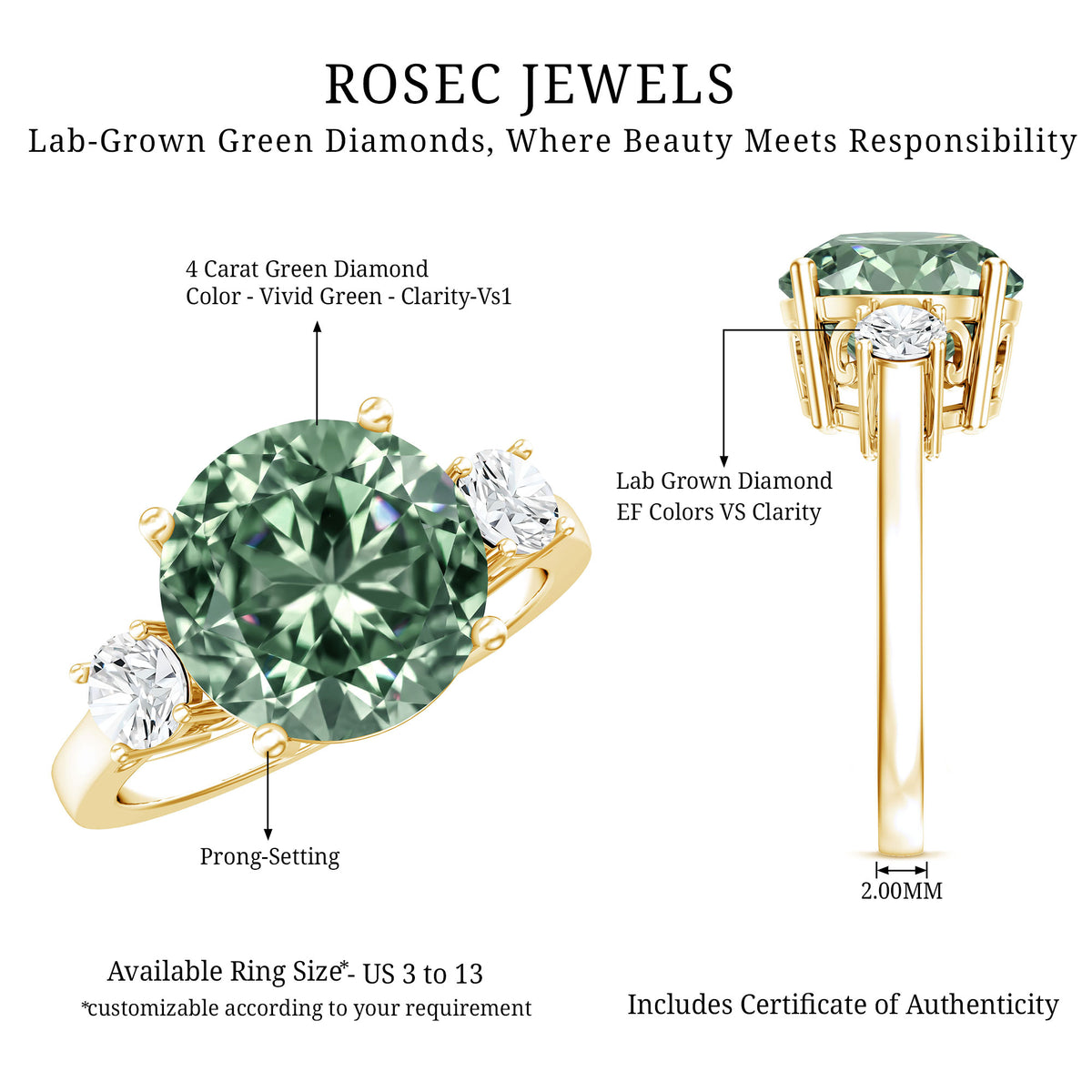 IGI Certified Lab Grown Green Diamond Triple Stone Engagement Ring 4 Carat Vivid Green - VS1 - Rosec Jewels