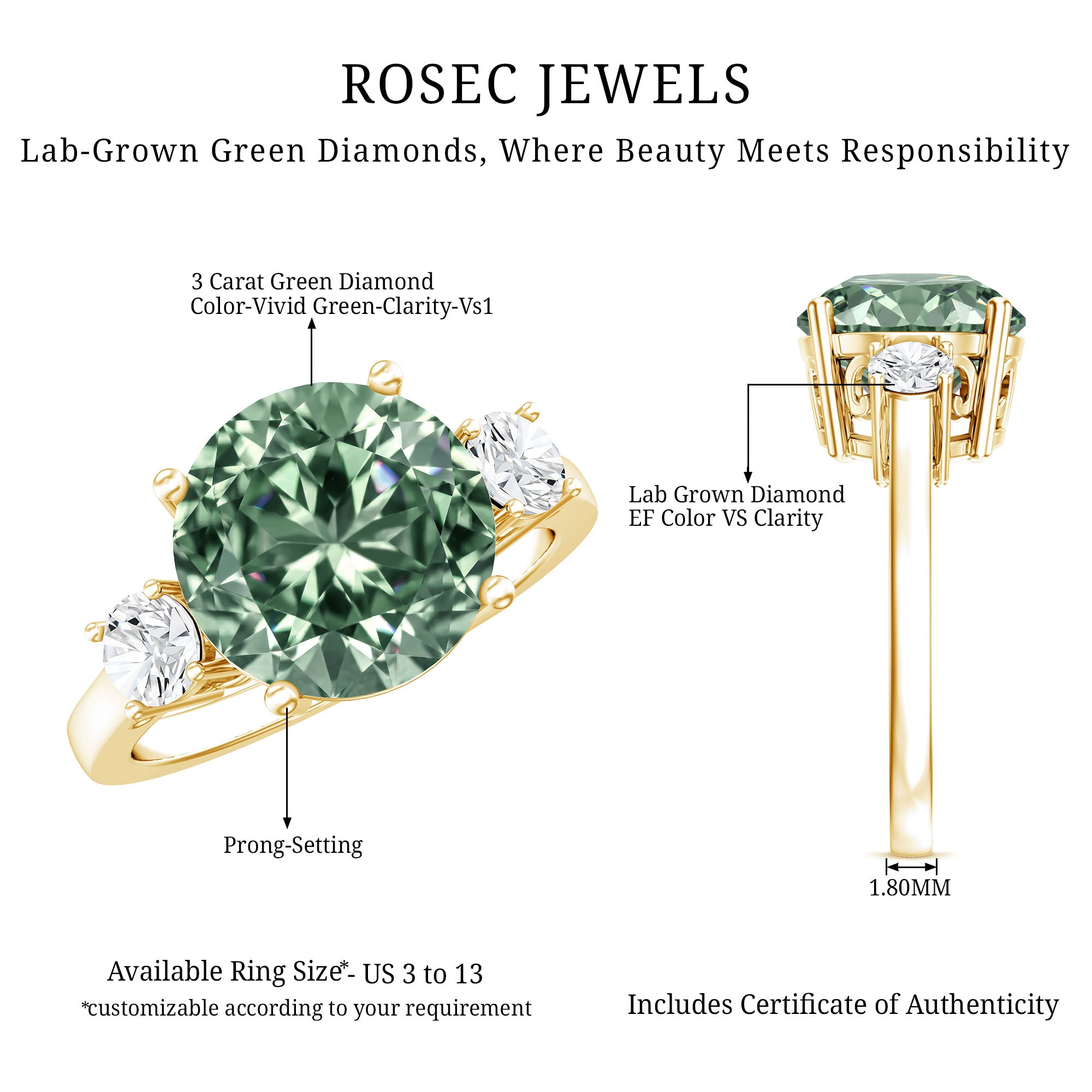 IGI Certified 3 Carat Lab Grown Green Diamond Triple Stone Engagement Ring Vivid Green - VS1 - Rosec Jewels
