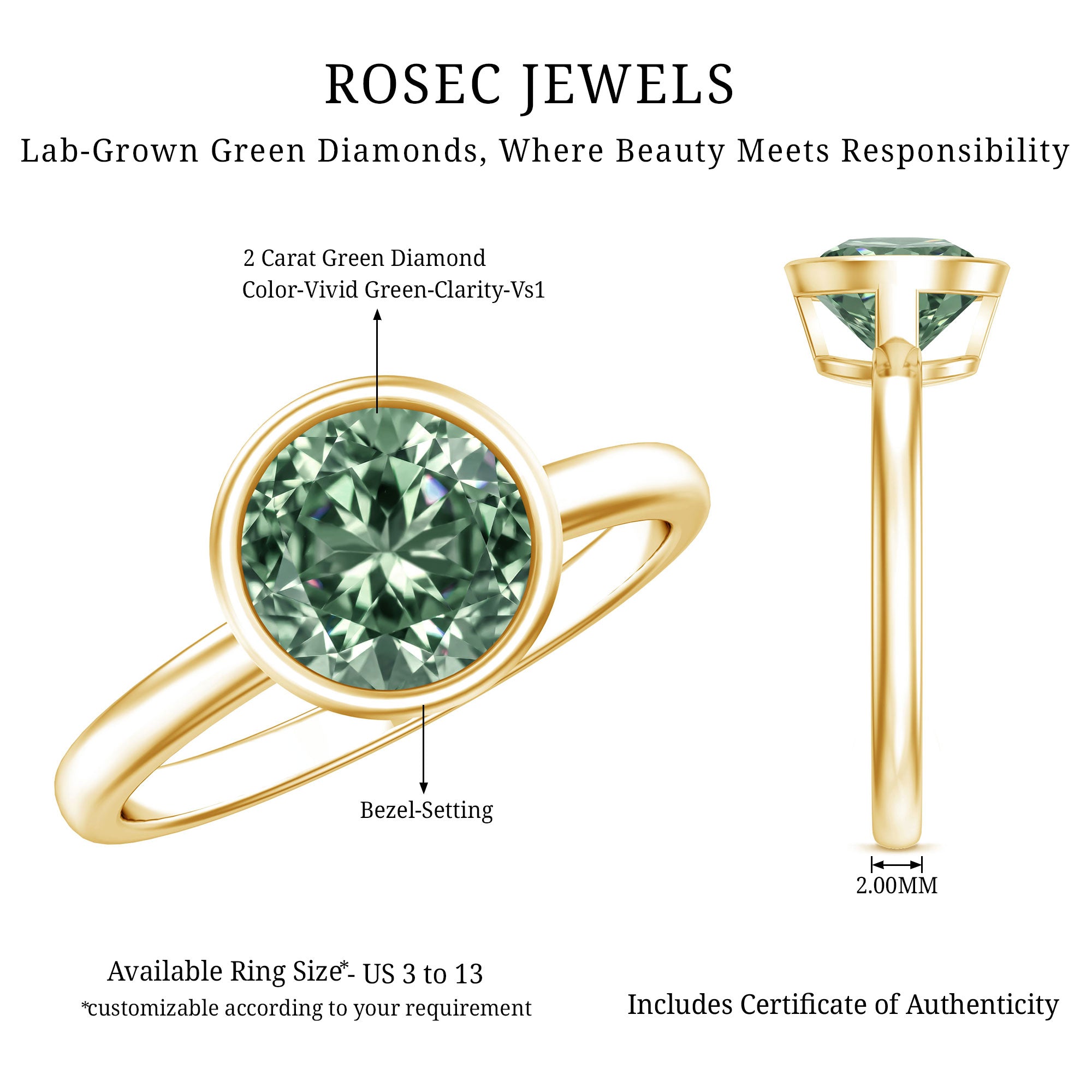 Bezel Set 2 Carat Lab Grown Green Diamond Round Engagement Ring IGI Certified Vivid Green - VS1 - Rosec Jewels