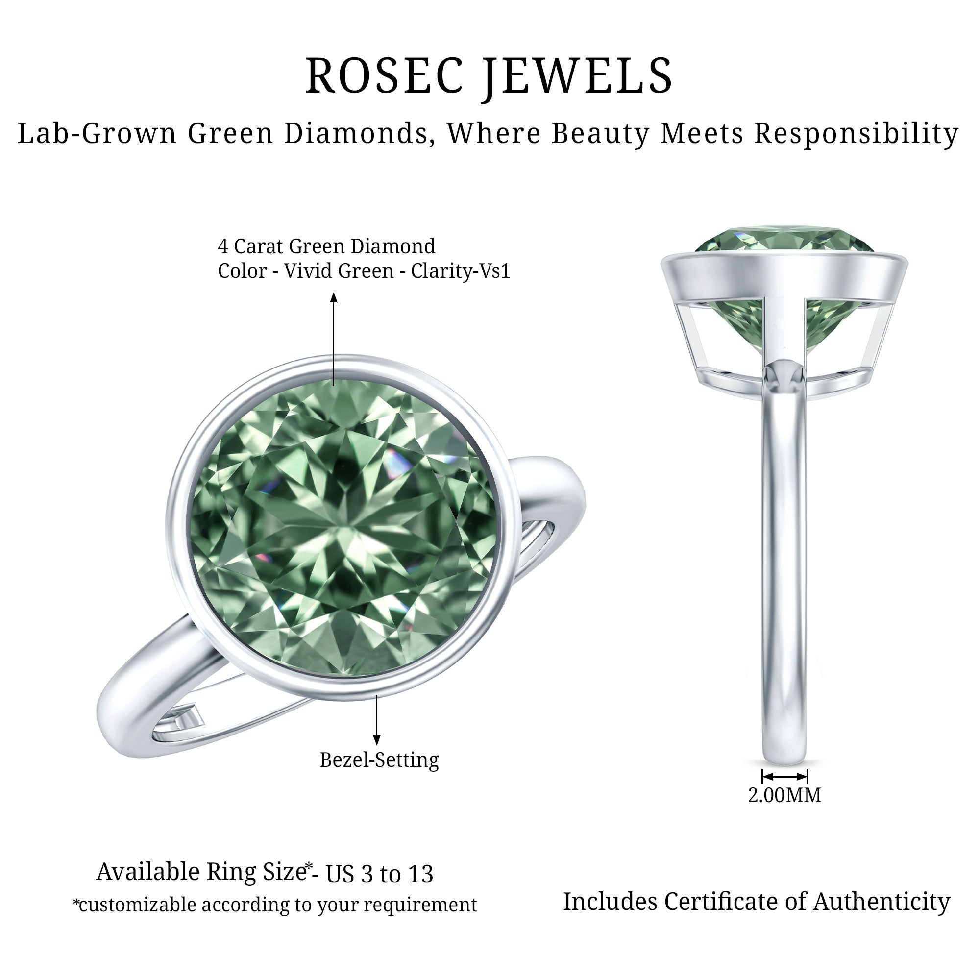 Bezel Set 4 Carat Lab Grown Green Diamond Solitaire Engagement Ring with IGI Certificate Vivid Green - VS1 - Rosec Jewels