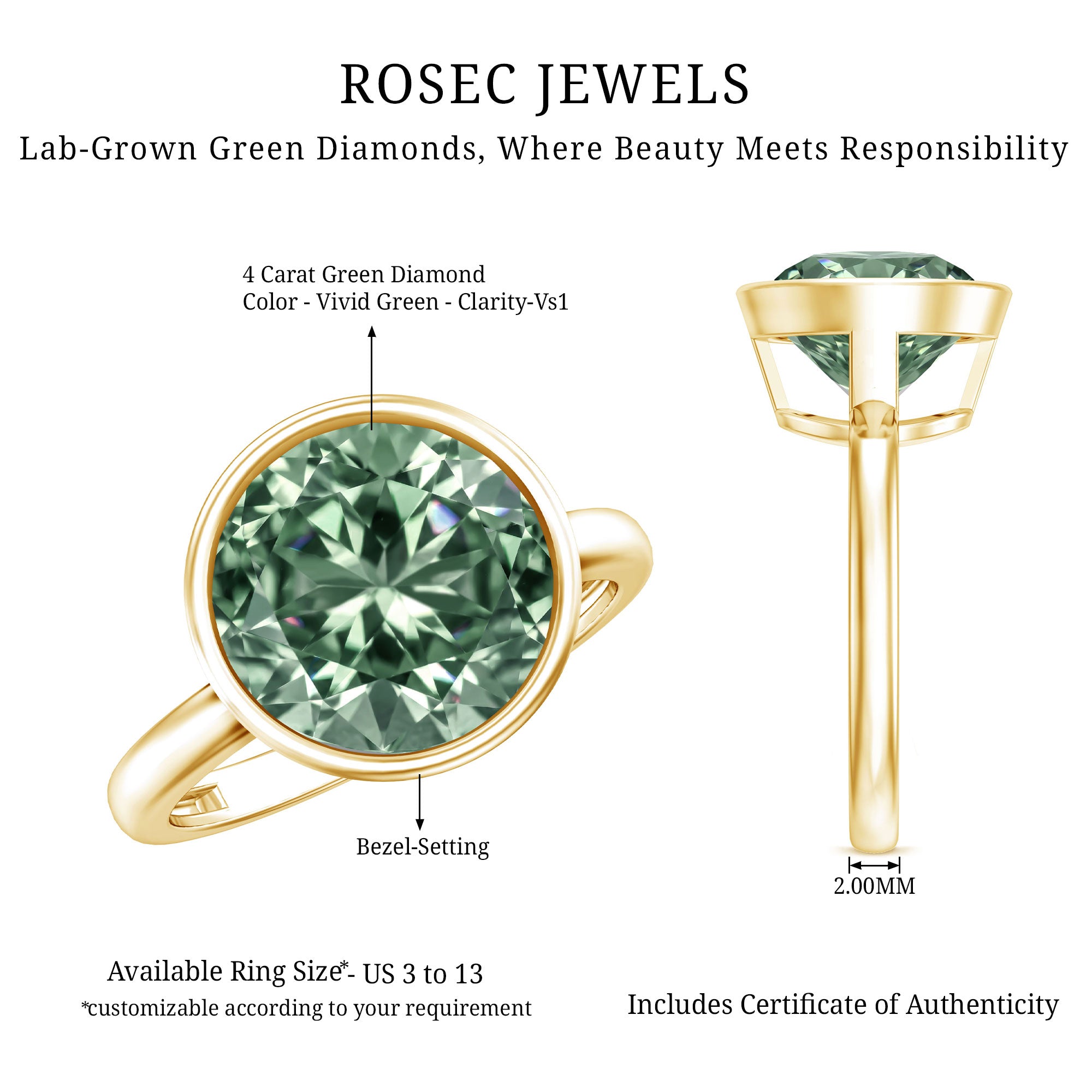 Bezel Set 4 Carat Lab Grown Green Diamond Solitaire Engagement Ring with IGI Certificate Vivid Green - VS1 - Rosec Jewels