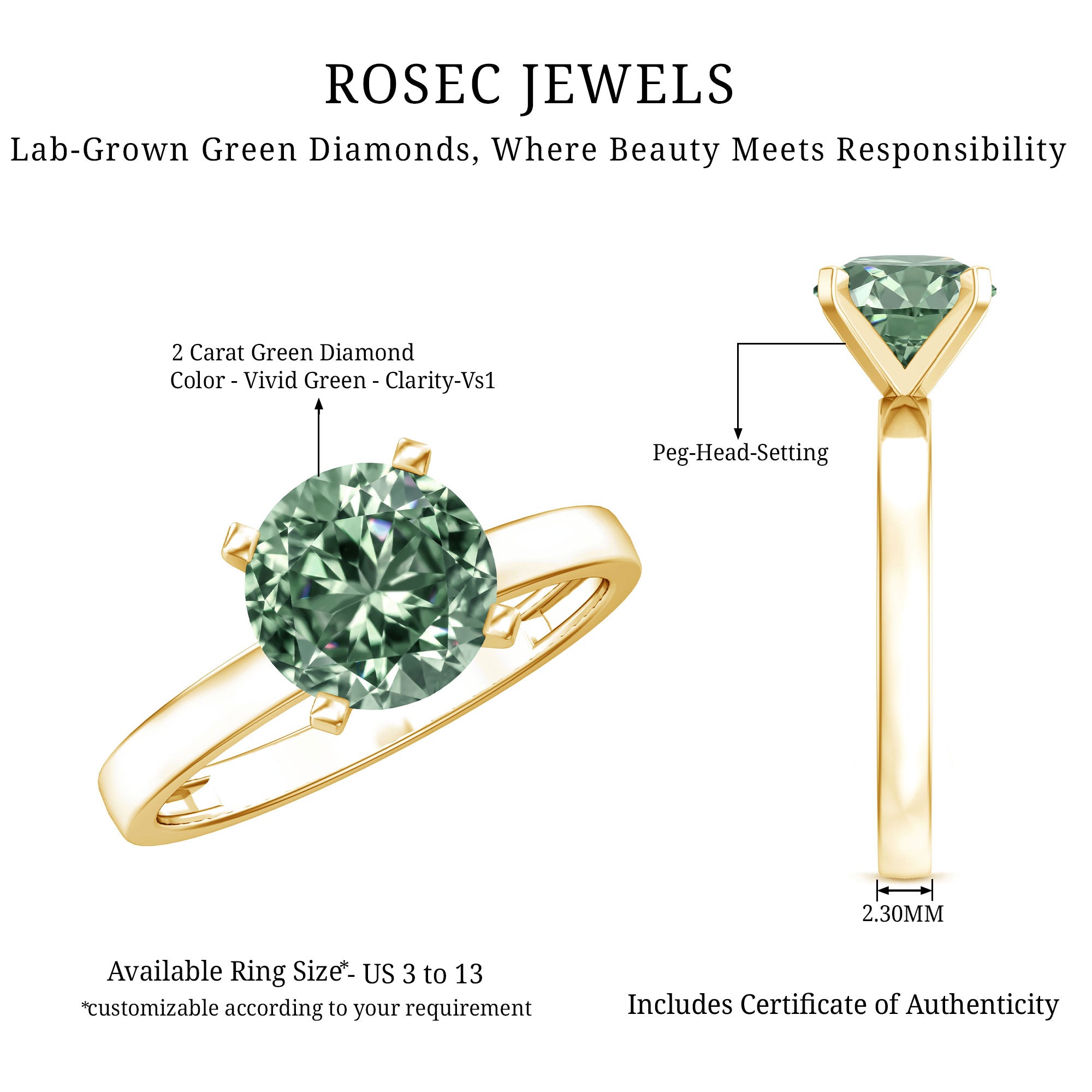 IGI Certified 2 Carat Lab Grown Green Diamond Solitaire Engagement Ring in Peg Head Setting Vivid Green - VS1 - Rosec Jewels