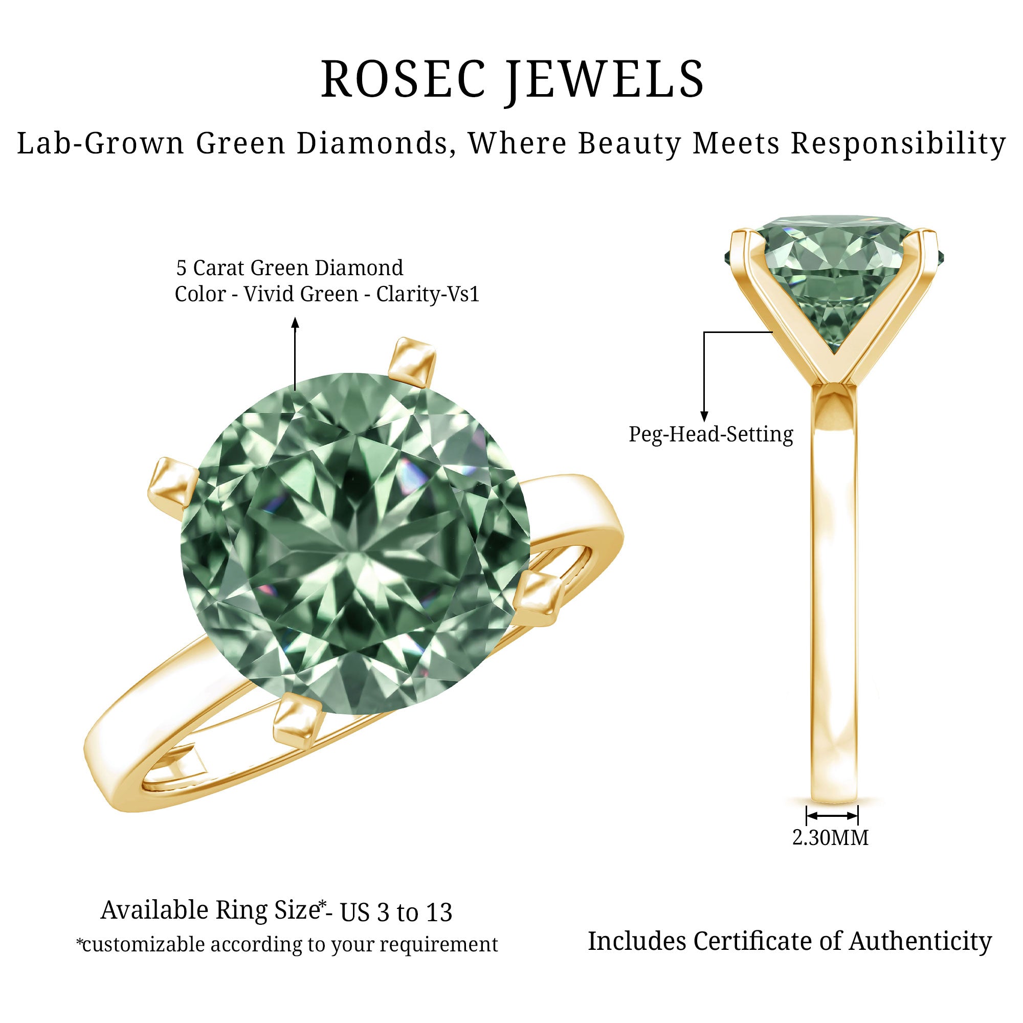 Huge 5 Carat Lab Grown Green Diamond Solitaire Engagement Ring with IGI Certificate Vivid Green - VS1 - Rosec Jewels