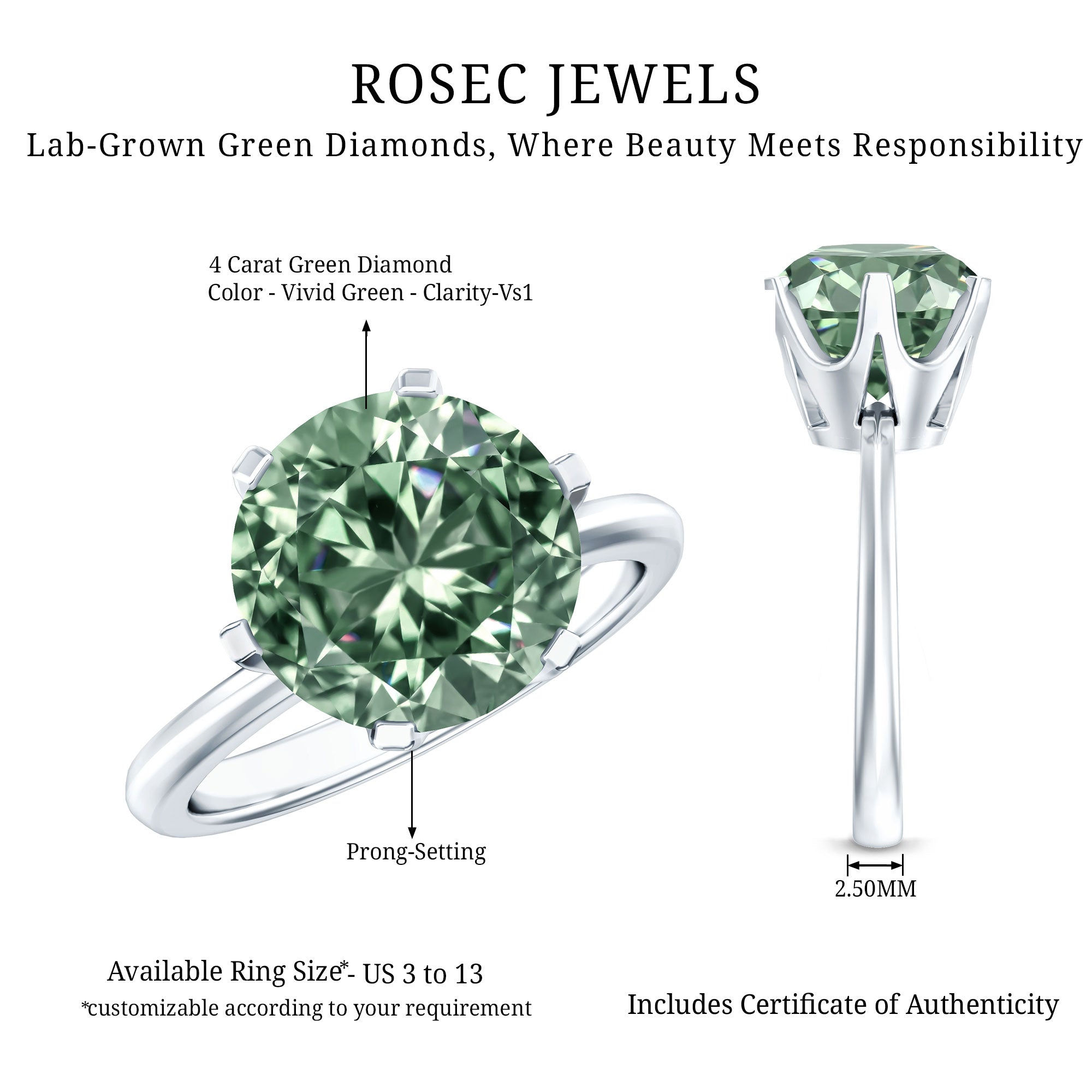 IGI Certified Solitaire Lab Grown Green Diamond Big Engagement Ring 4 Carat Vivid Green - VS1 - Rosec Jewels