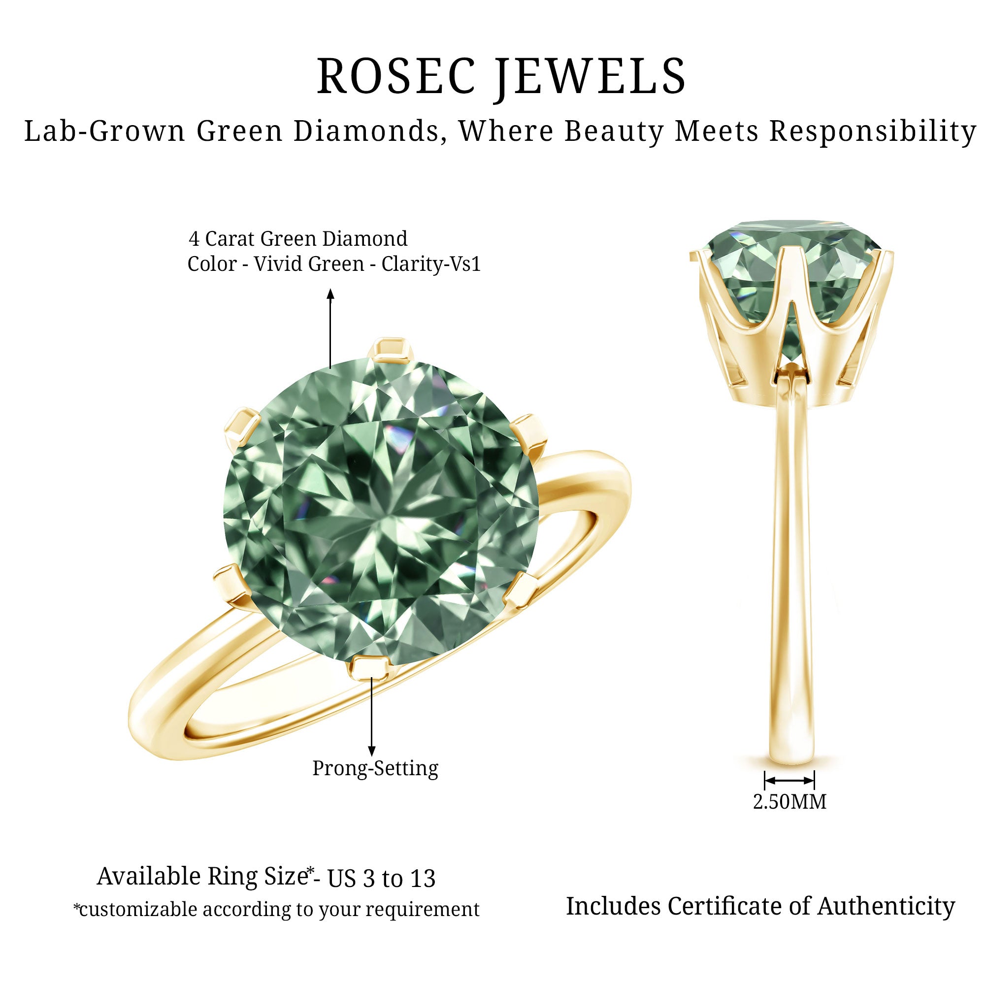 IGI Certified Solitaire Lab Grown Green Diamond Big Engagement Ring 4 Carat Vivid Green - VS1 - Rosec Jewels