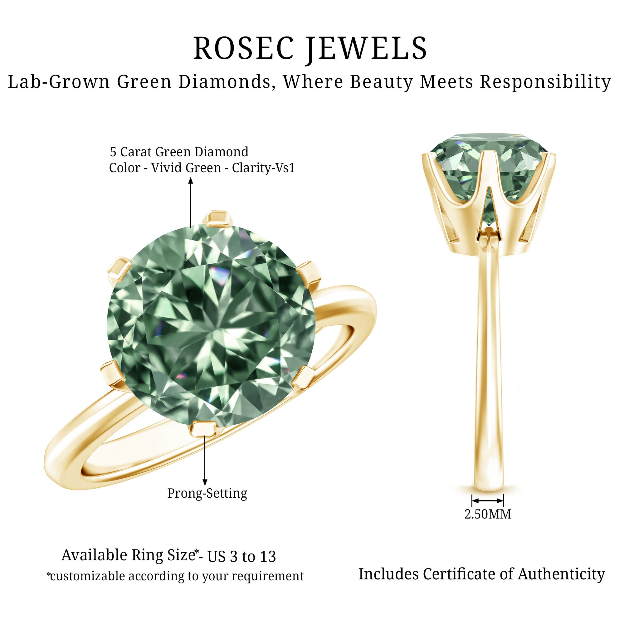 Large 5 Carat Lab Grown Green Diamond Engagement Ring with IGI Certificate Vivid Green - VS1 - Rosec Jewels