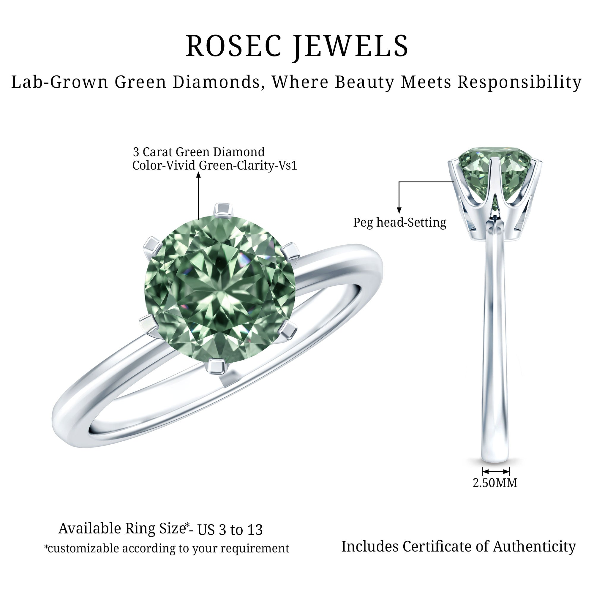Round Shaped 3 Carat Lab Grown Green Diamond Solitaire Ring with IGI Certificate Vivid Green - VS1 - Rosec Jewels