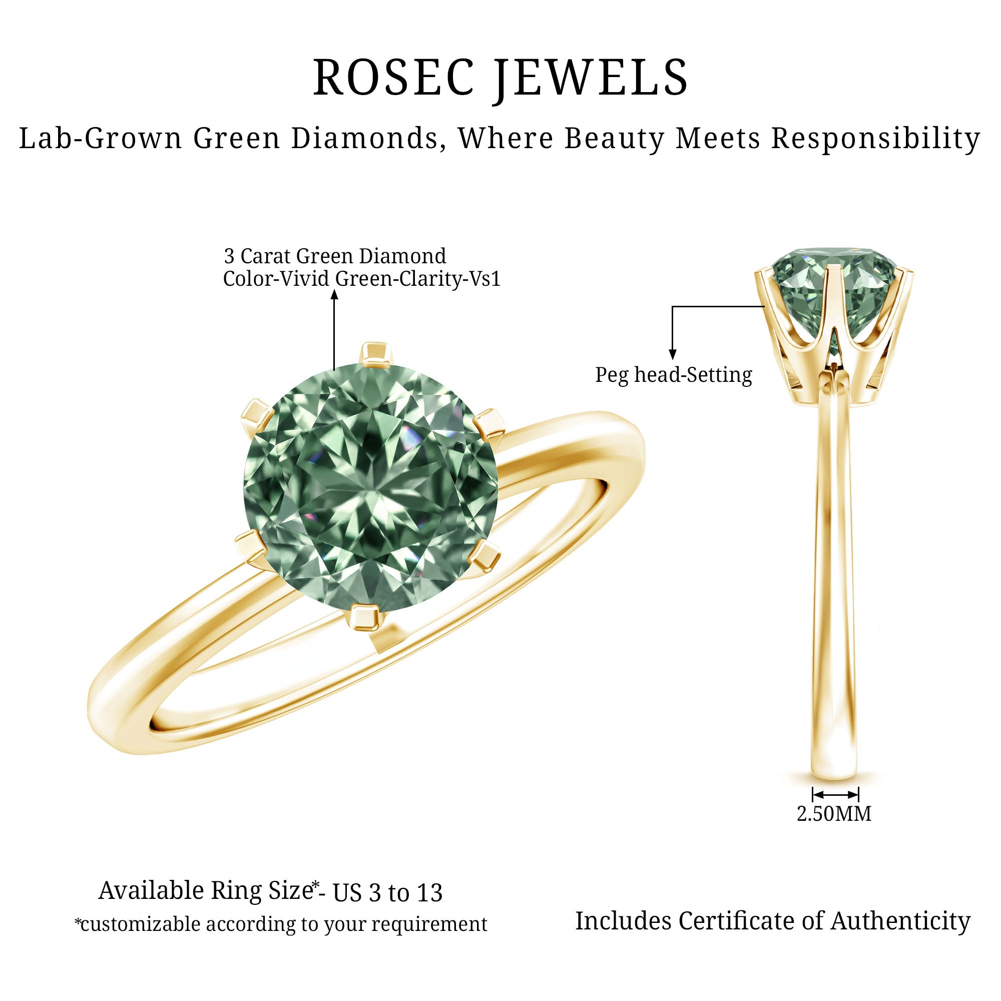 Round Shaped 3 Carat Lab Grown Green Diamond Solitaire Ring with IGI Certificate Vivid Green - VS1 - Rosec Jewels