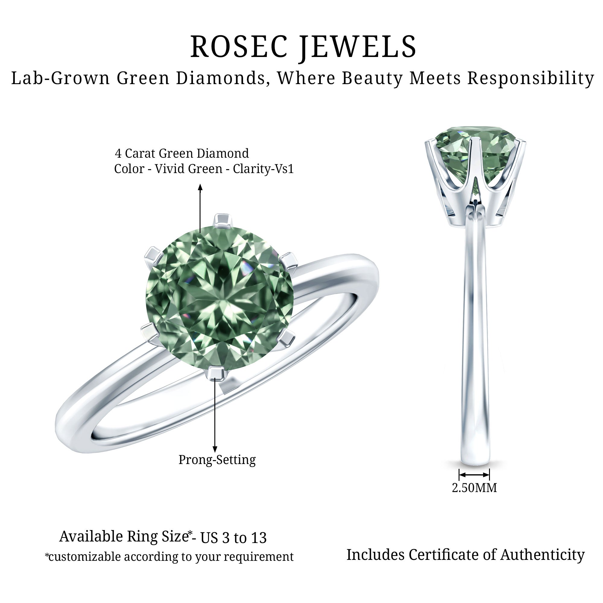2 Carat Lab Grown Vivid Green Diamond Solitaire Engagement Ring with IGI Certificate Vivid Green - VS1 - Rosec Jewels