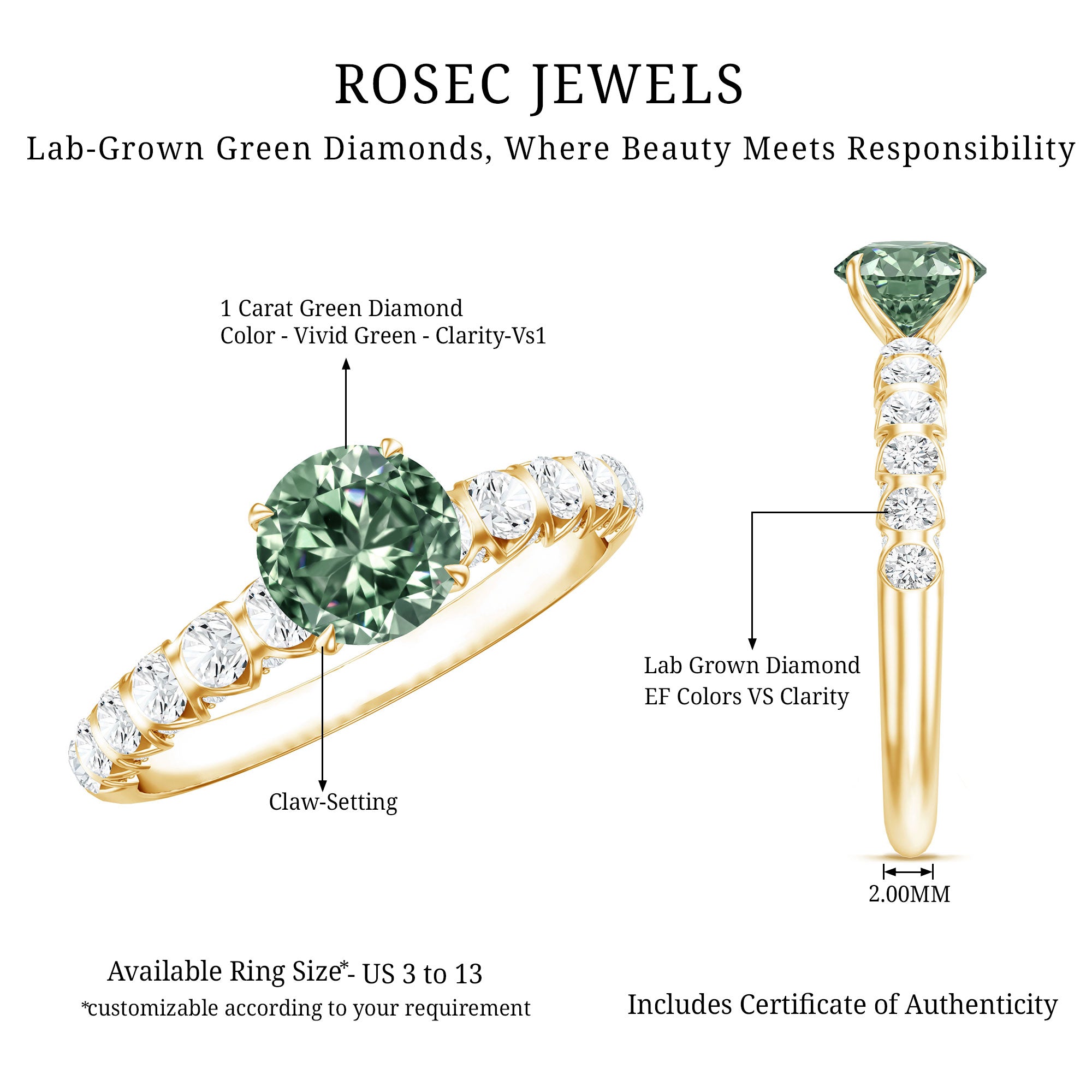 1 Carat Round Cut Lab Grown Green and White Diamond Engagement Ring IGI Certified Vivid Green - VS1 - Rosec Jewels