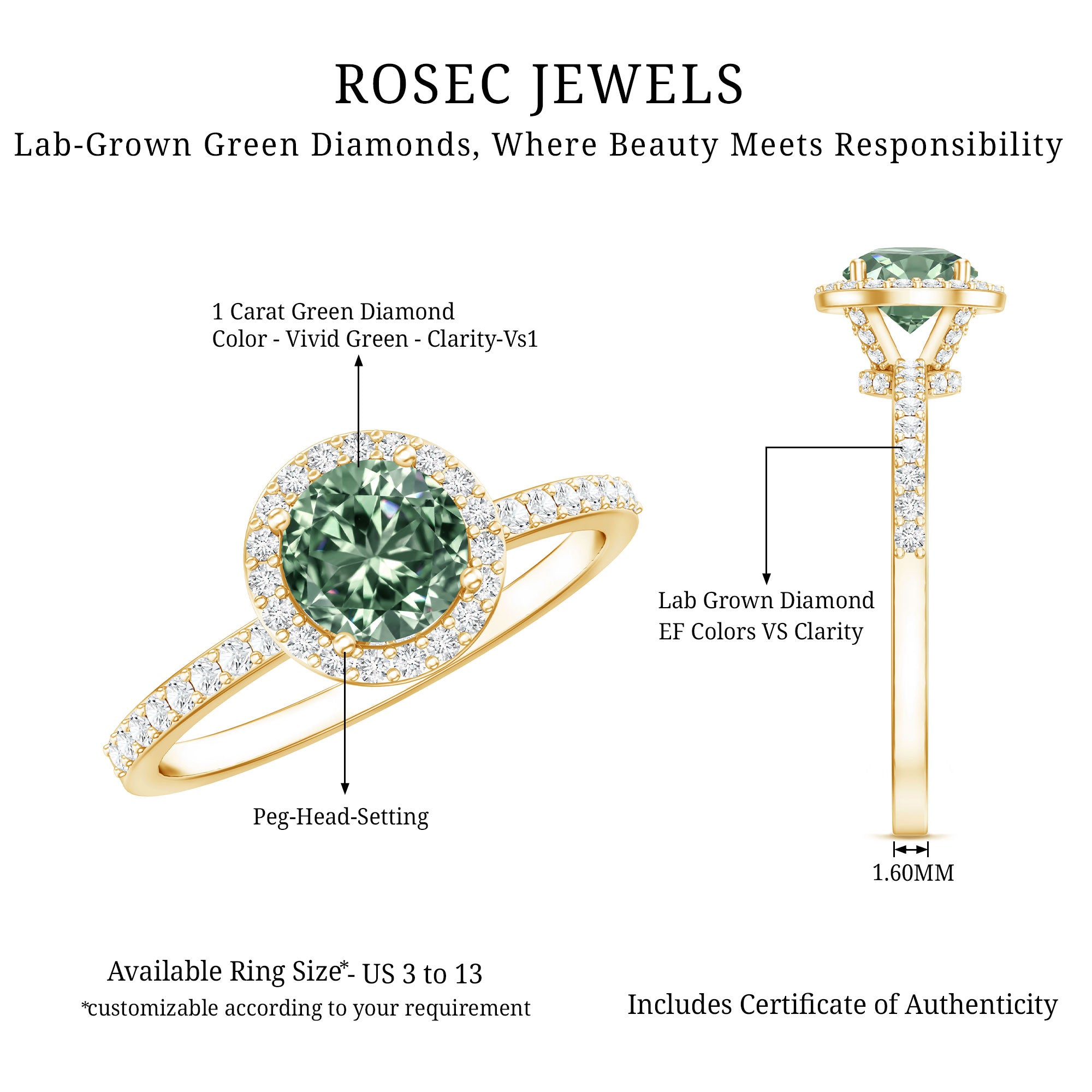 Lab Grown 1 Carat Green Diamond Halo Engagement Ring with IGI Certificate Vivid Green - VS1 - Rosec Jewels