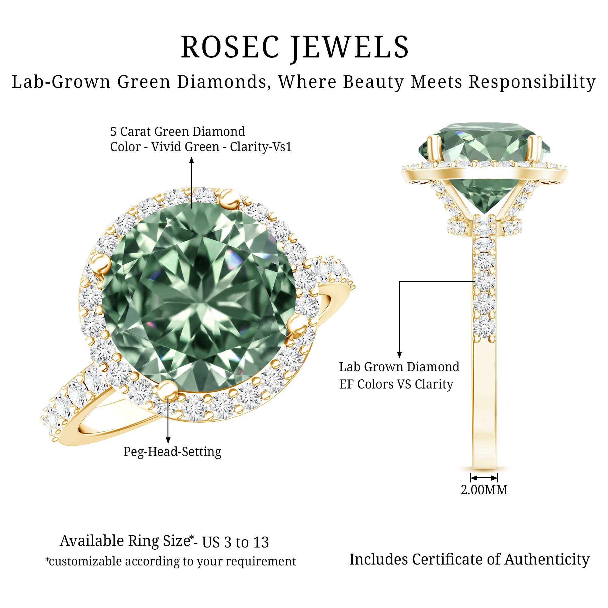 5 Carat Lab Grown Green and White Diamond Huge Engagement Ring with IGI Certificate Vivid Green - VS1 - Rosec Jewels