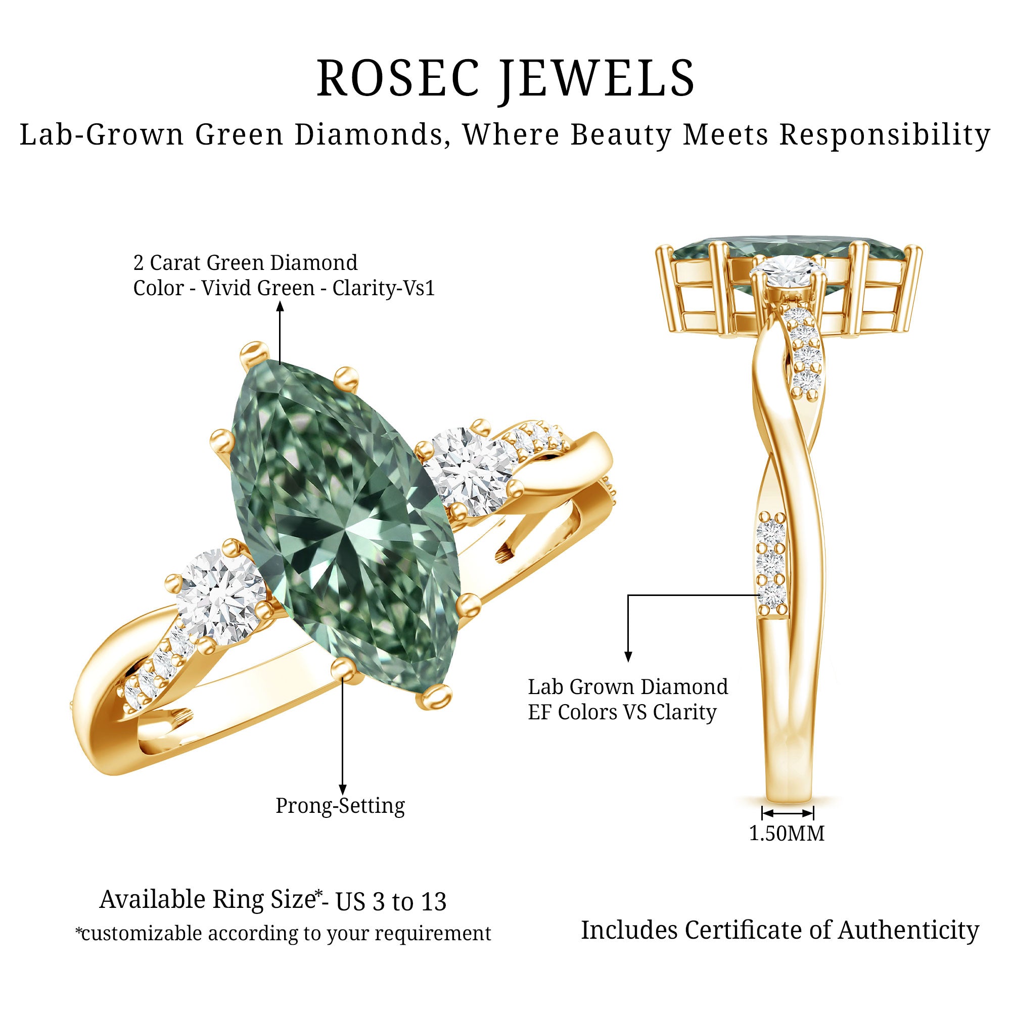 2 Carat Marquise Cut Lab Green Diamond Crossover Engagement Ring with IGI Certificate Vivid Green - VS1 - Rosec Jewels
