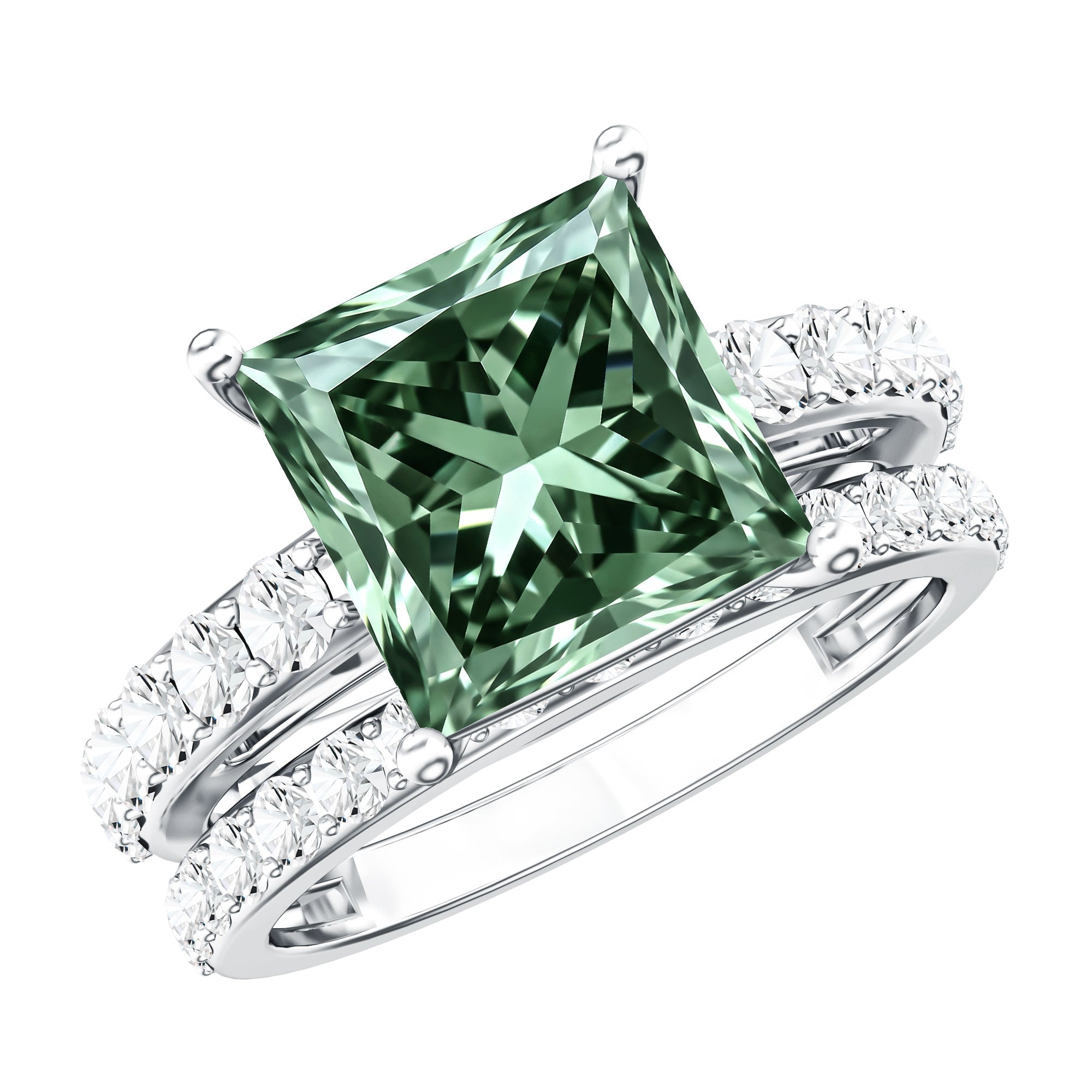 Princess Cut 3 Carat Lab Grown Green Diamond Engagement Ring with Wedding Band IGI Certified Vivid Green - VS1 - Rosec Jewels