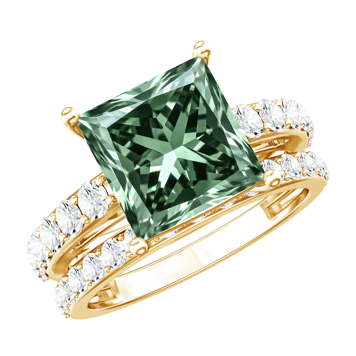 Princess Cut 3 Carat Lab Grown Green Diamond Engagement Ring with Wedding Band IGI Certified Vivid Green - VS1 - Rosec Jewels