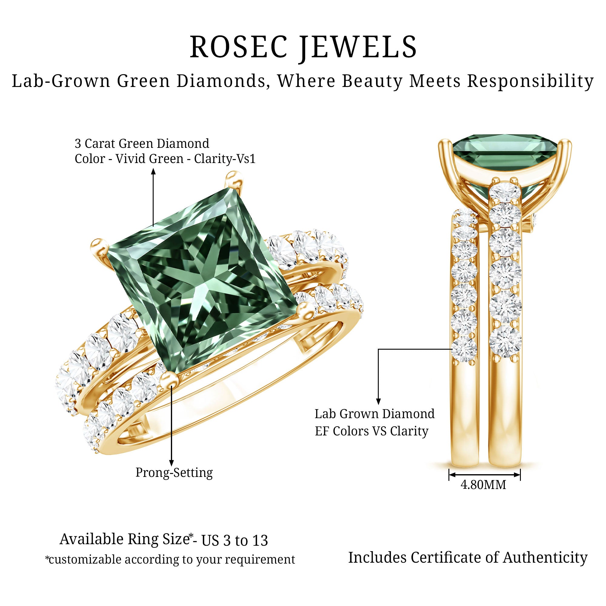 Princess Cut 3 Carat Lab Grown Green Diamond Engagement Ring with Wedding Band IGI Certified Vivid Green - VS1 - Rosec Jewels