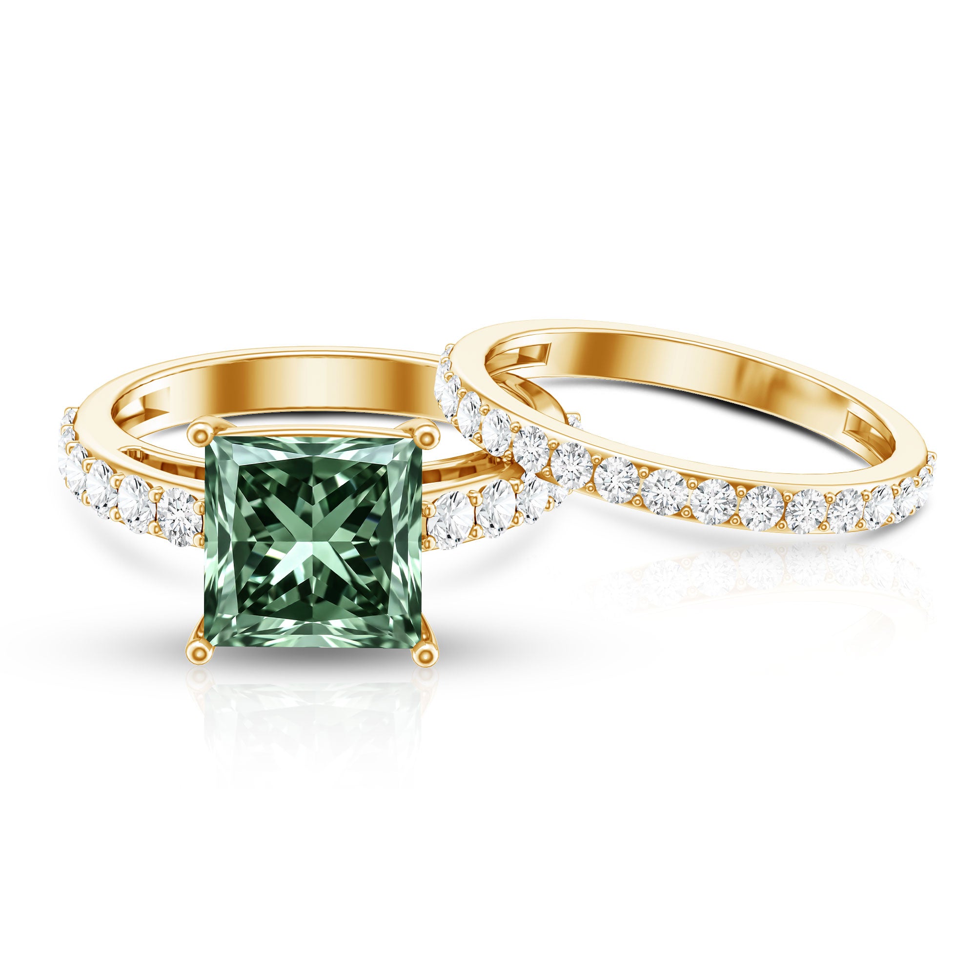 Princess Cut 3 Carat Lab Grown Green Diamond Engagement Ring with Wedding Band IGI Certified Vivid Green - VS1 - Rosec Jewels